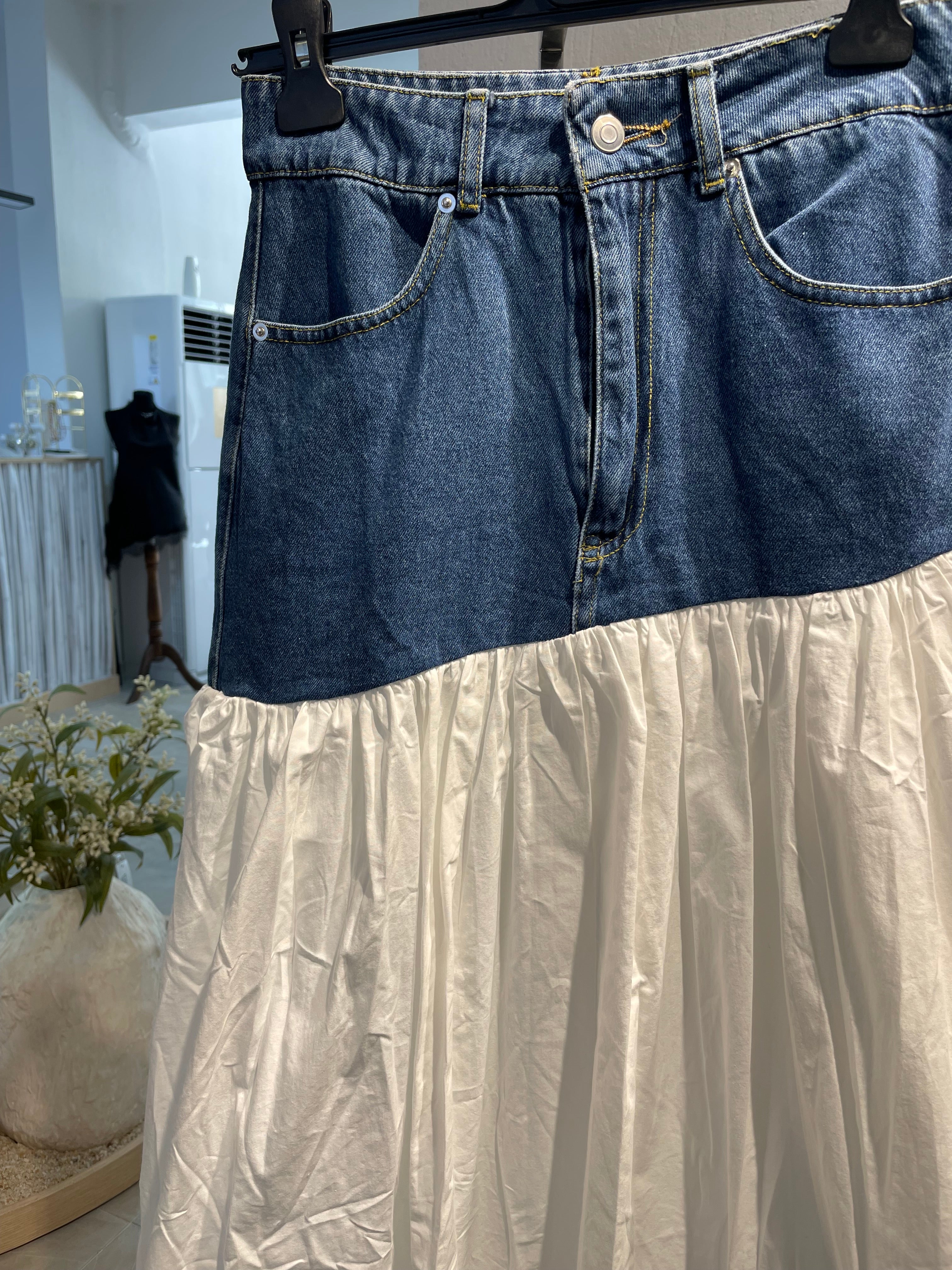 Kot ve Kumaş Detaylı Uzun Etek