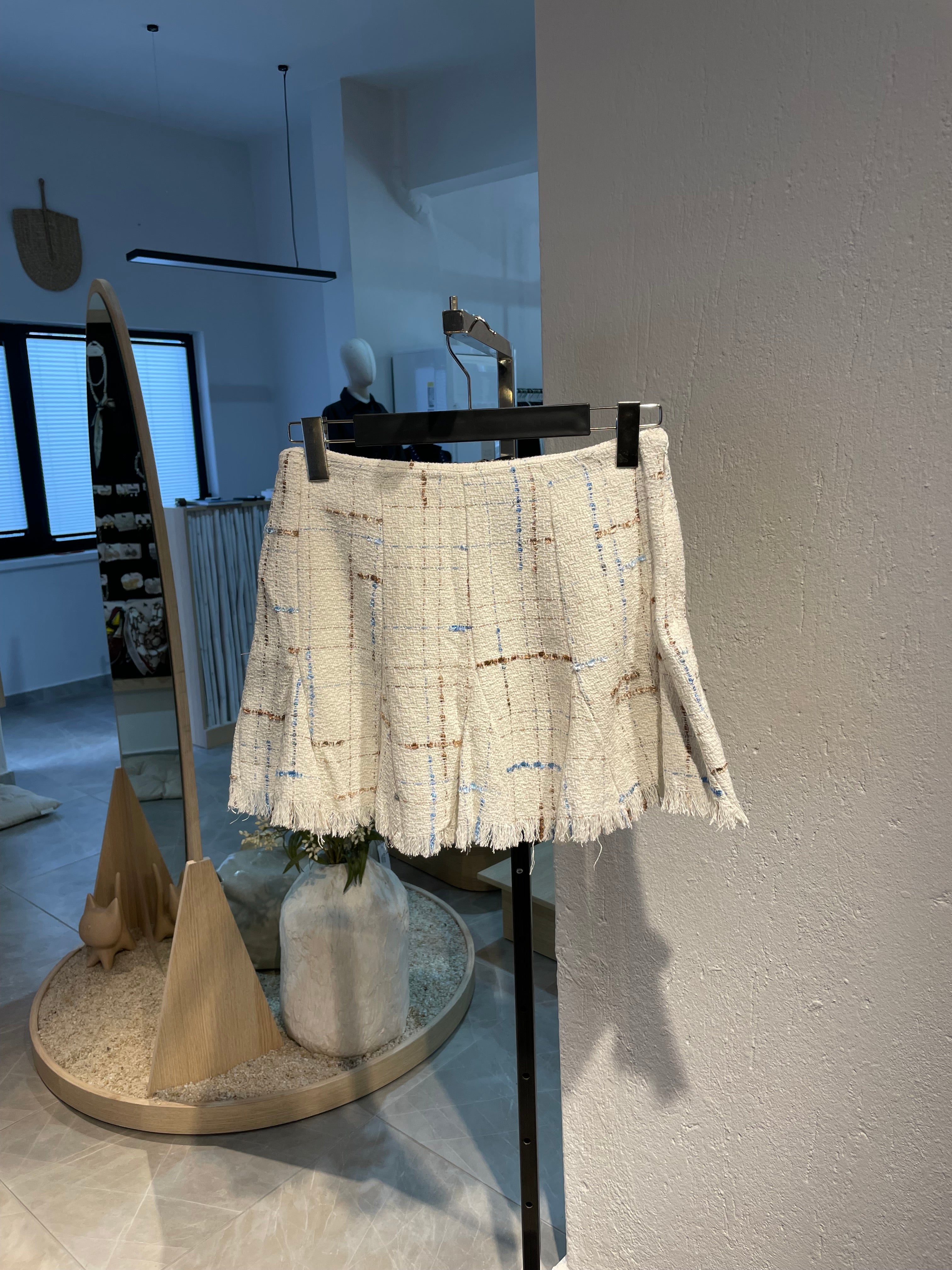 Krem Kelebek Mavi Desenli Parçalı Etek