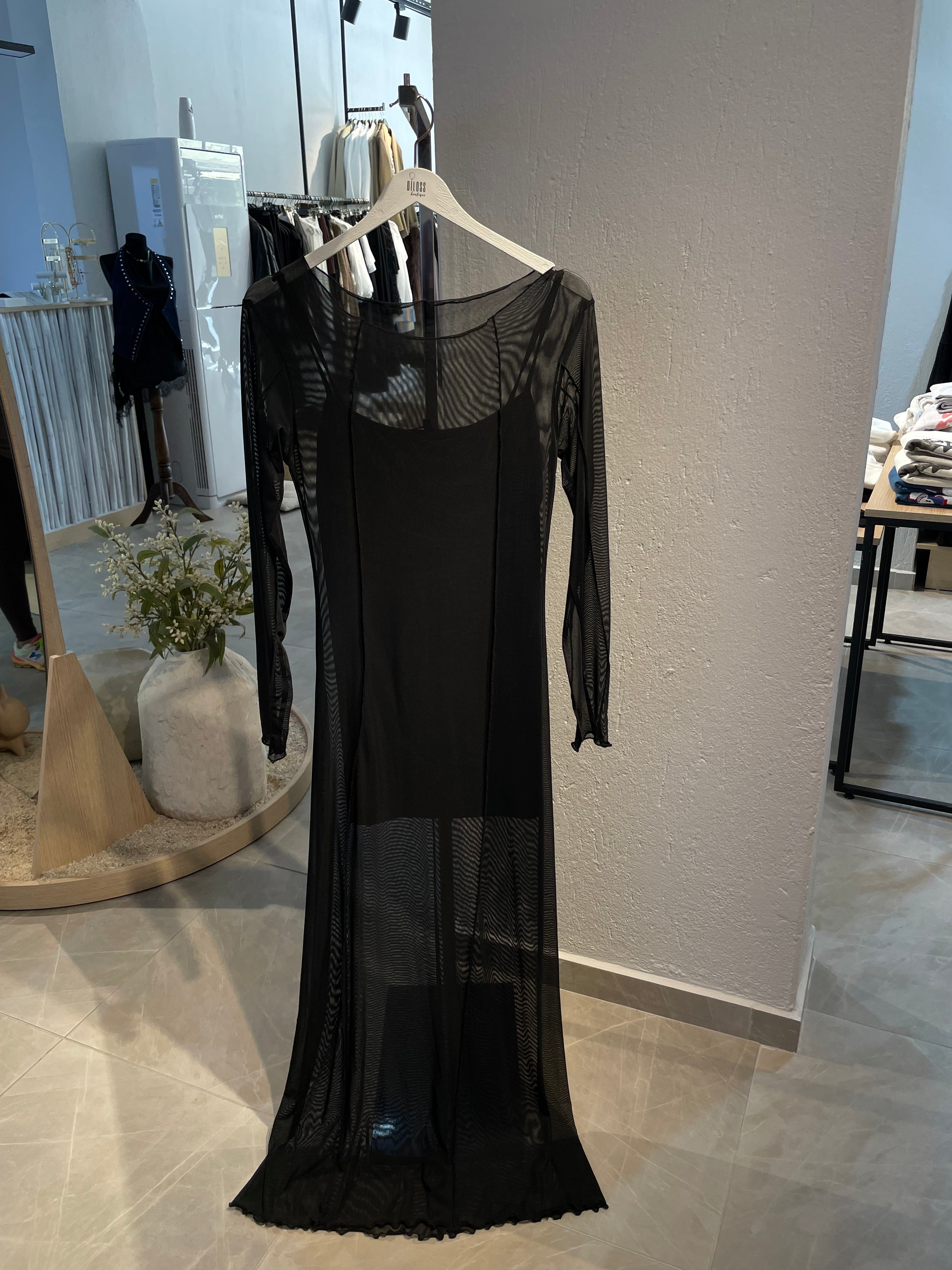 Tül Detay Astarlı Uzun Elbise