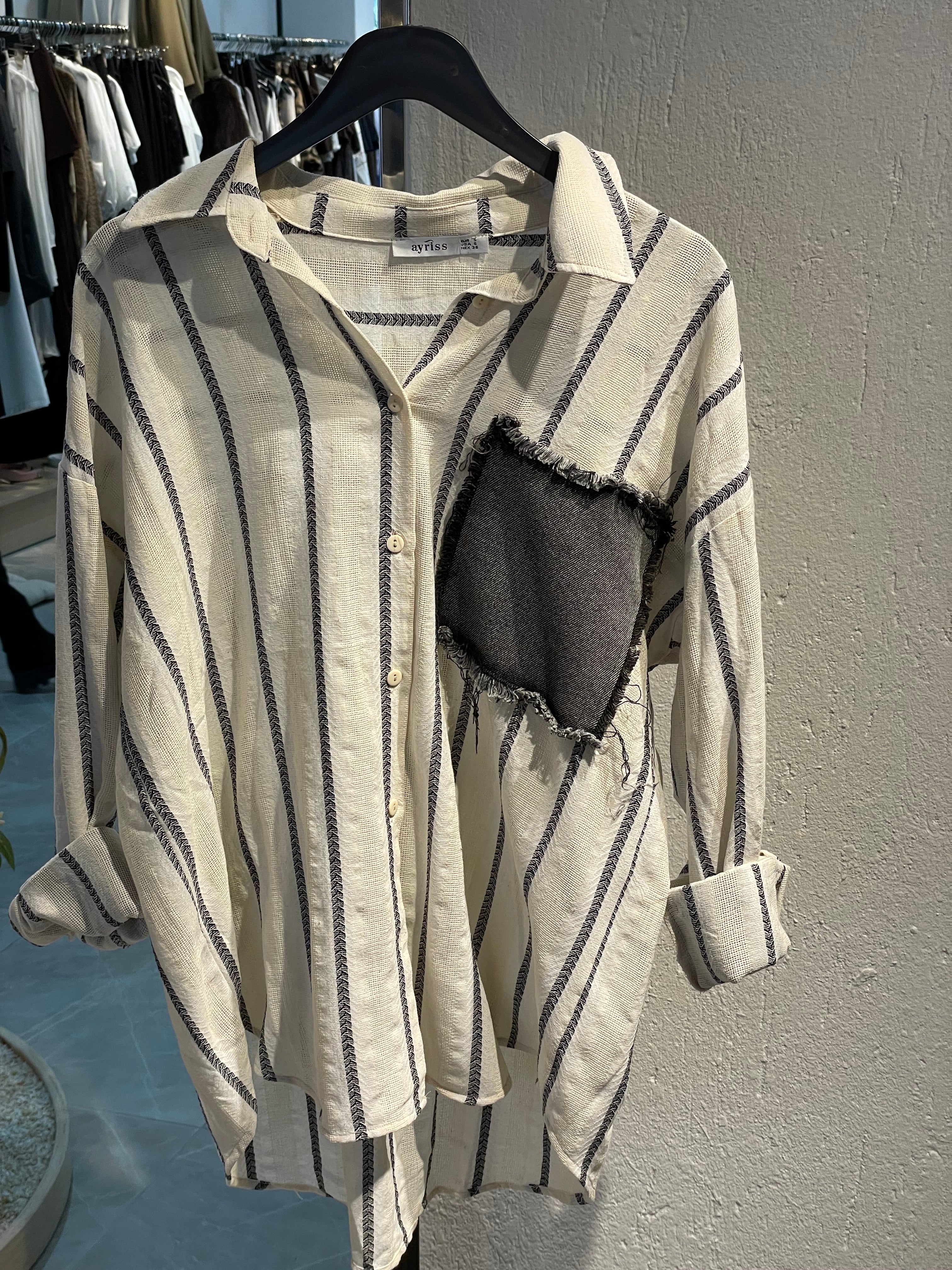 Cepli Garnili İbiza Çizgili Keten Gömlek