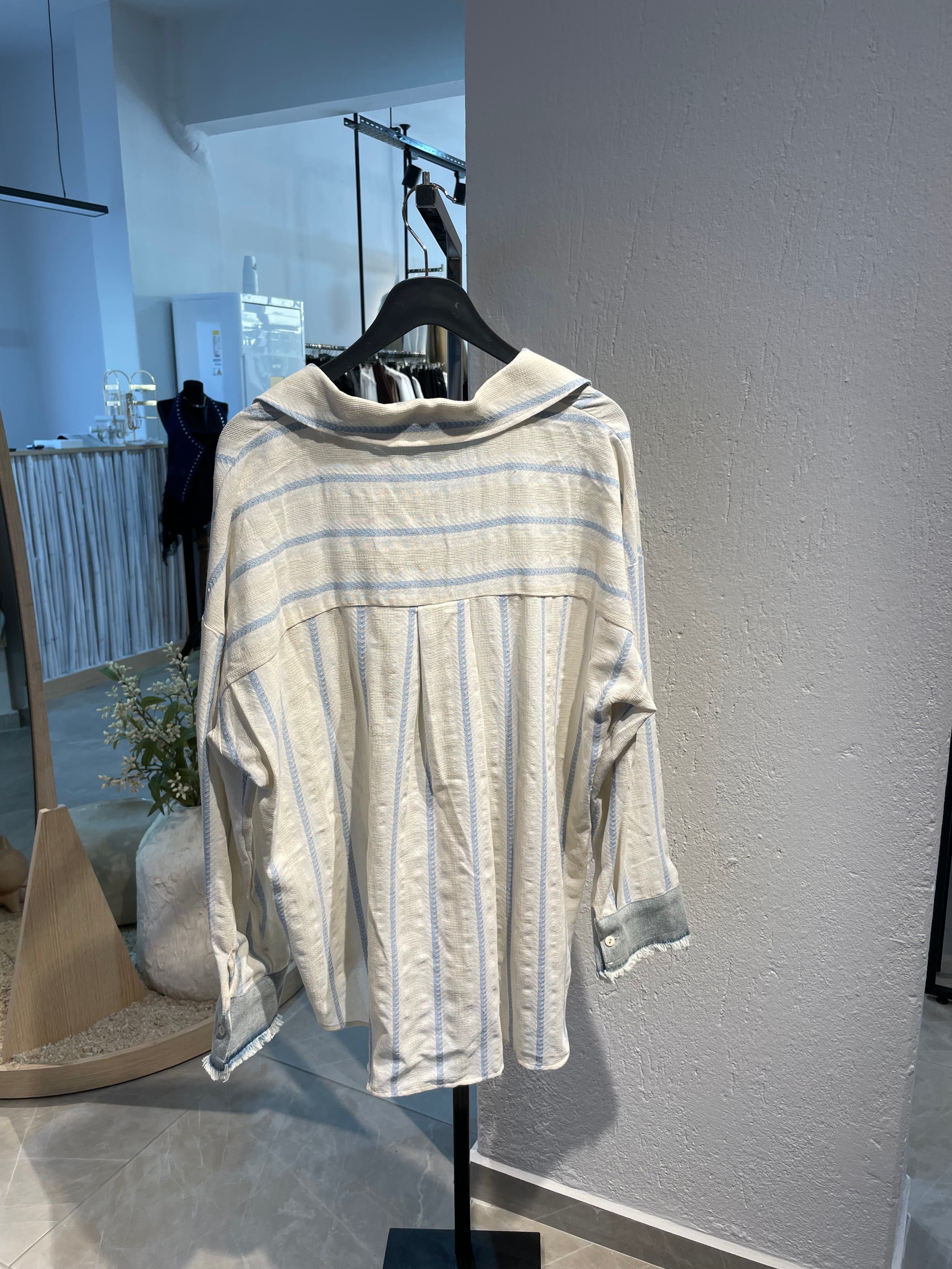 Cepli Garnili İbiza Çizgili Keten Gömlek