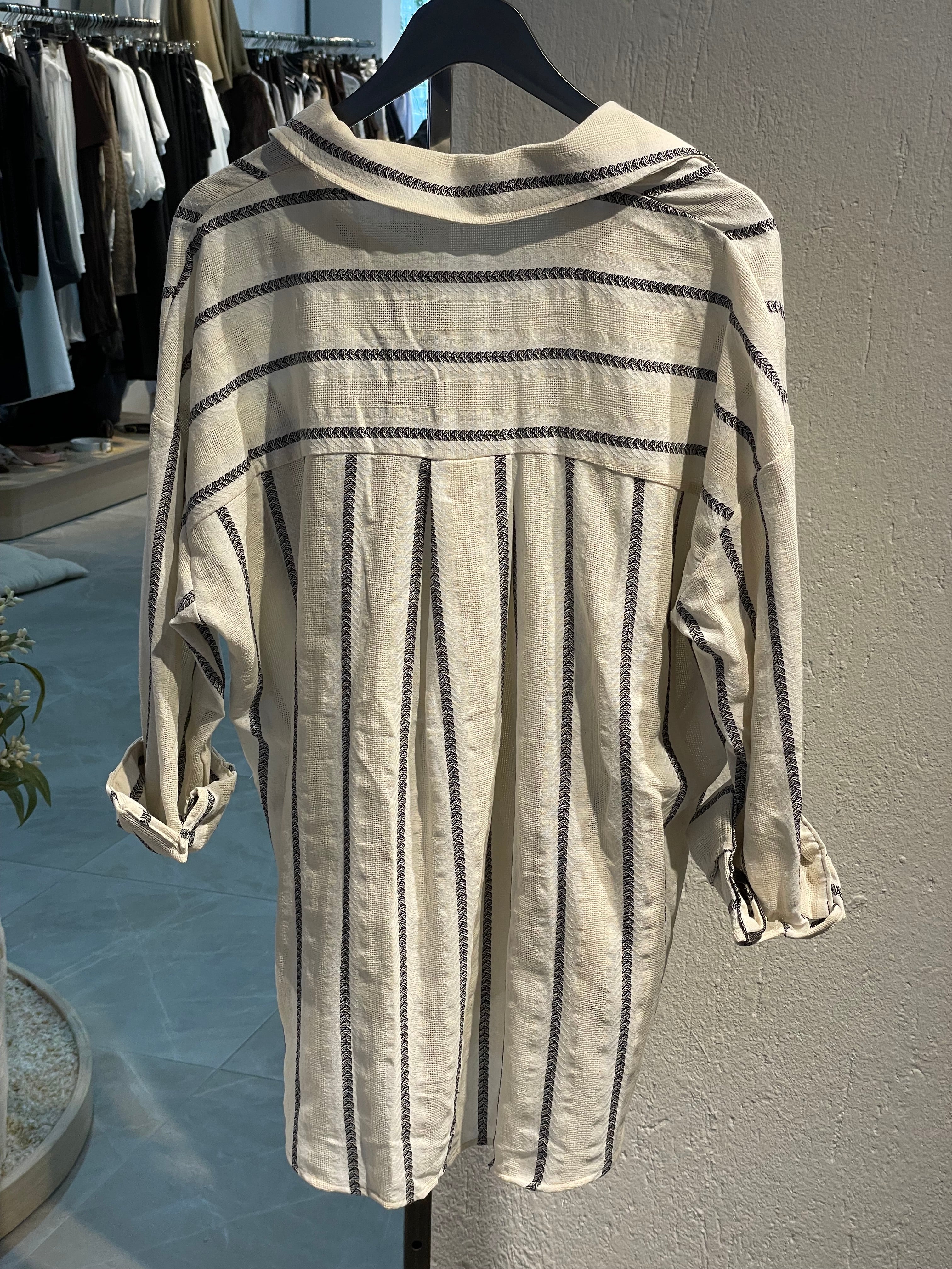 Cepli Garnili İbiza Çizgili Keten Gömlek