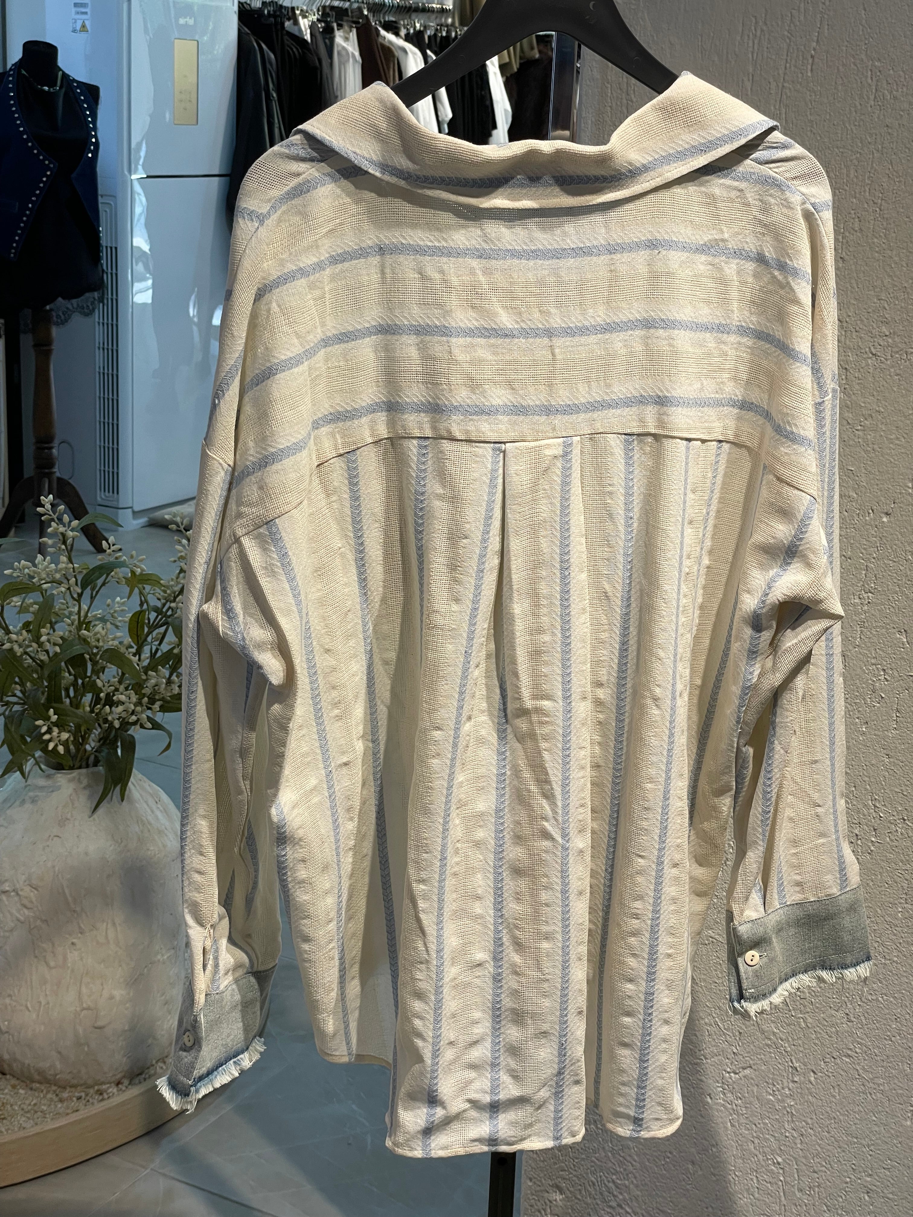 Cepli Garnili İbiza Çizgili Keten Gömlek