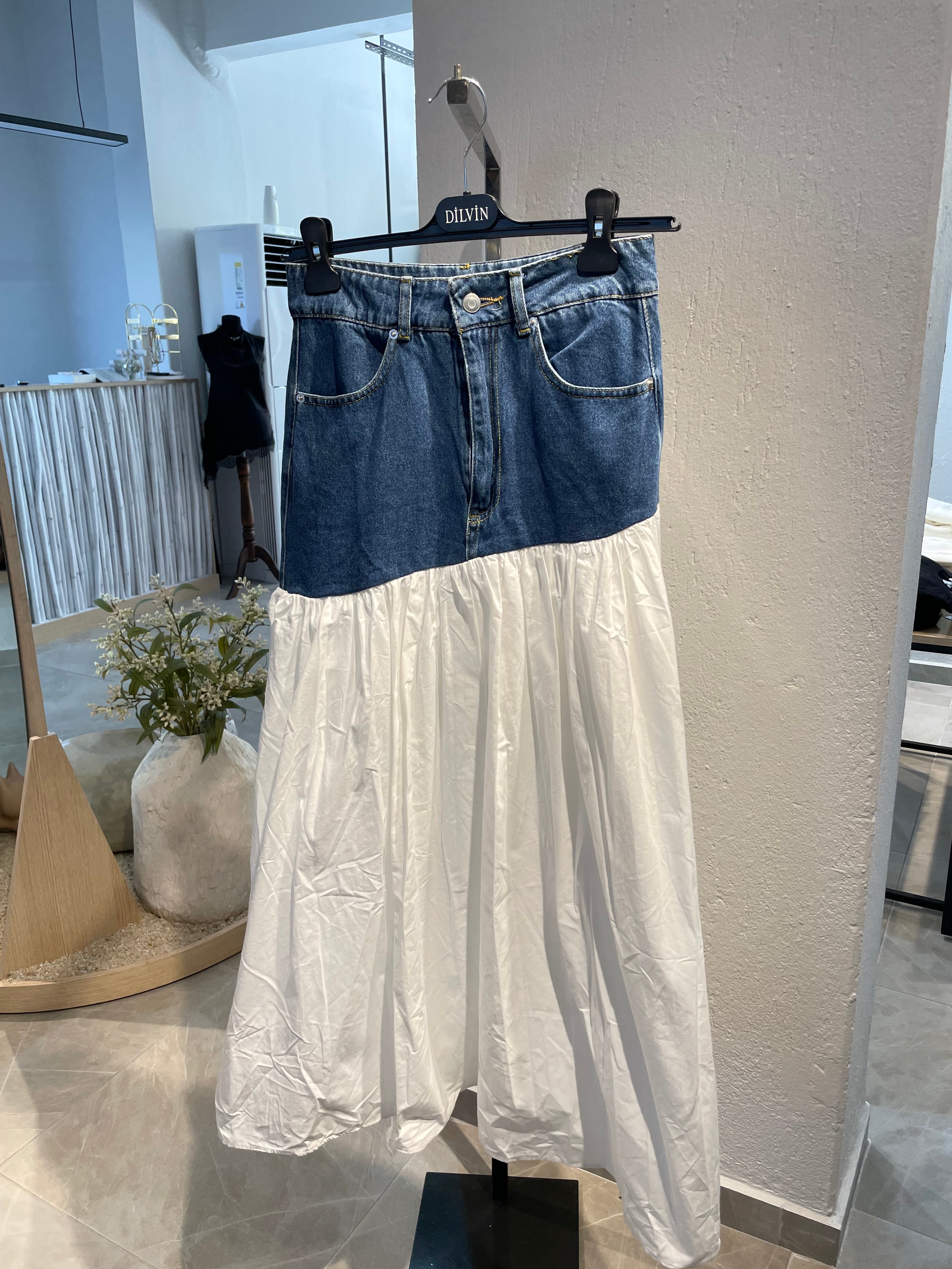 Kot ve Kumaş Detaylı Uzun Etek