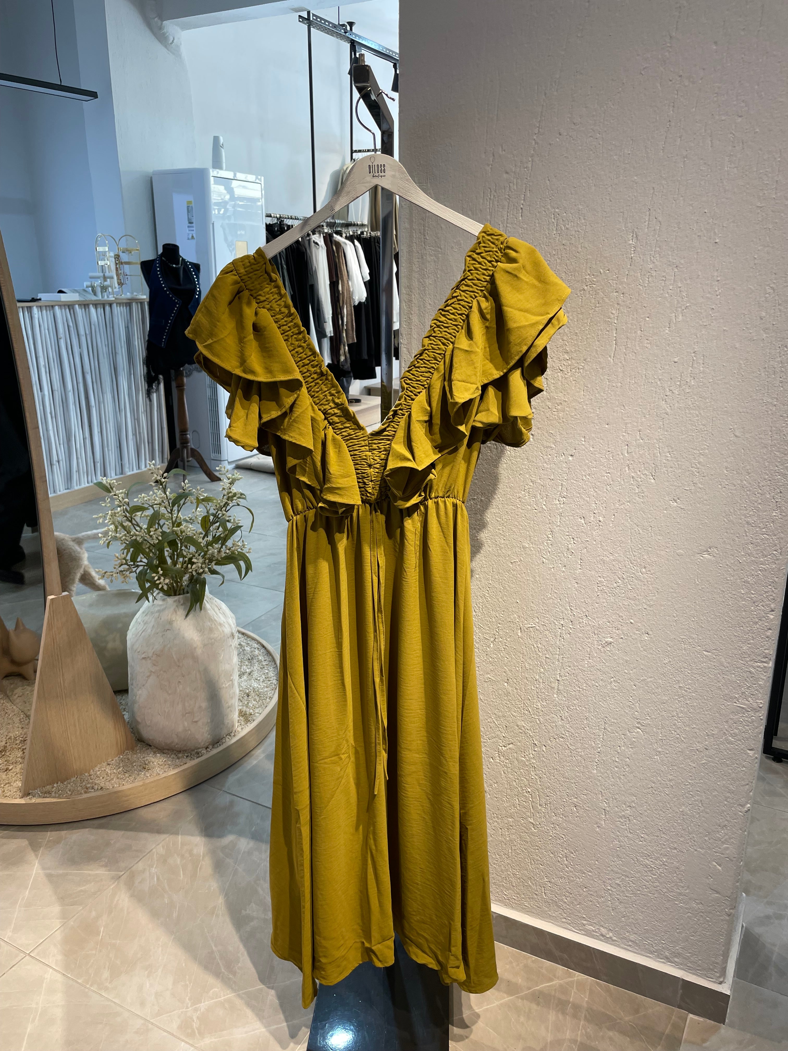 Yağ Yeşili Fırfır Detaylı Uzun Elbise