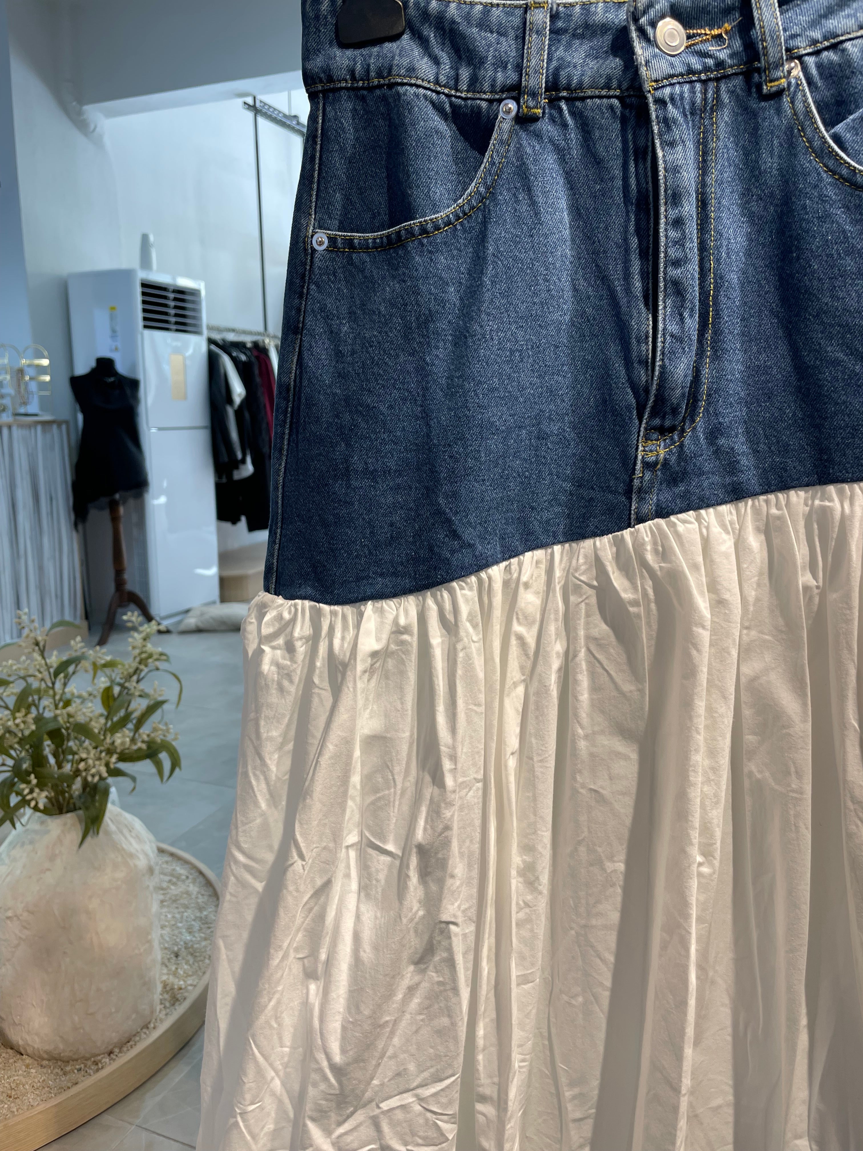 Kot ve Kumaş Detaylı Uzun Etek