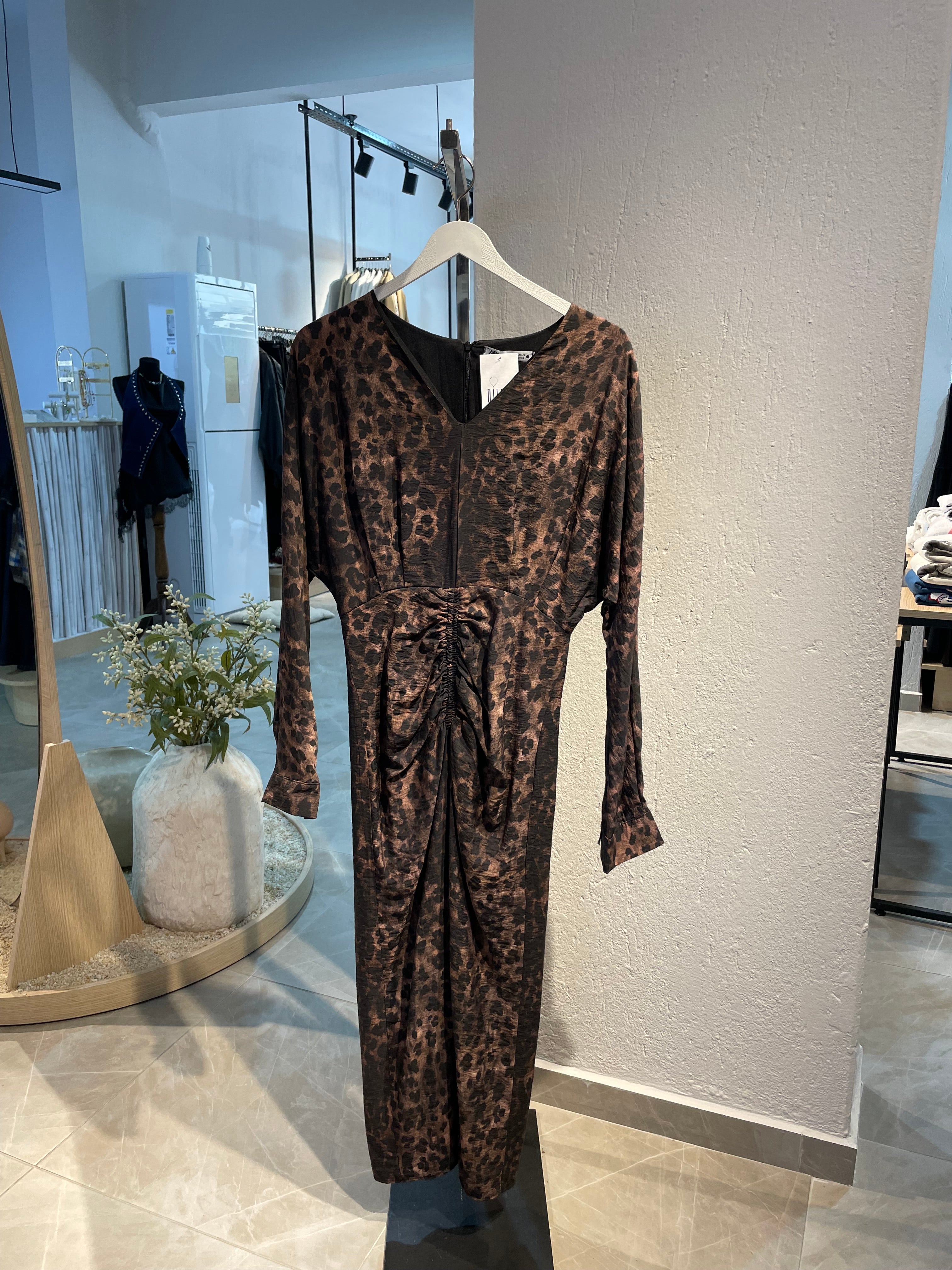 Leopar Desen Önden Büzgülü Elbise