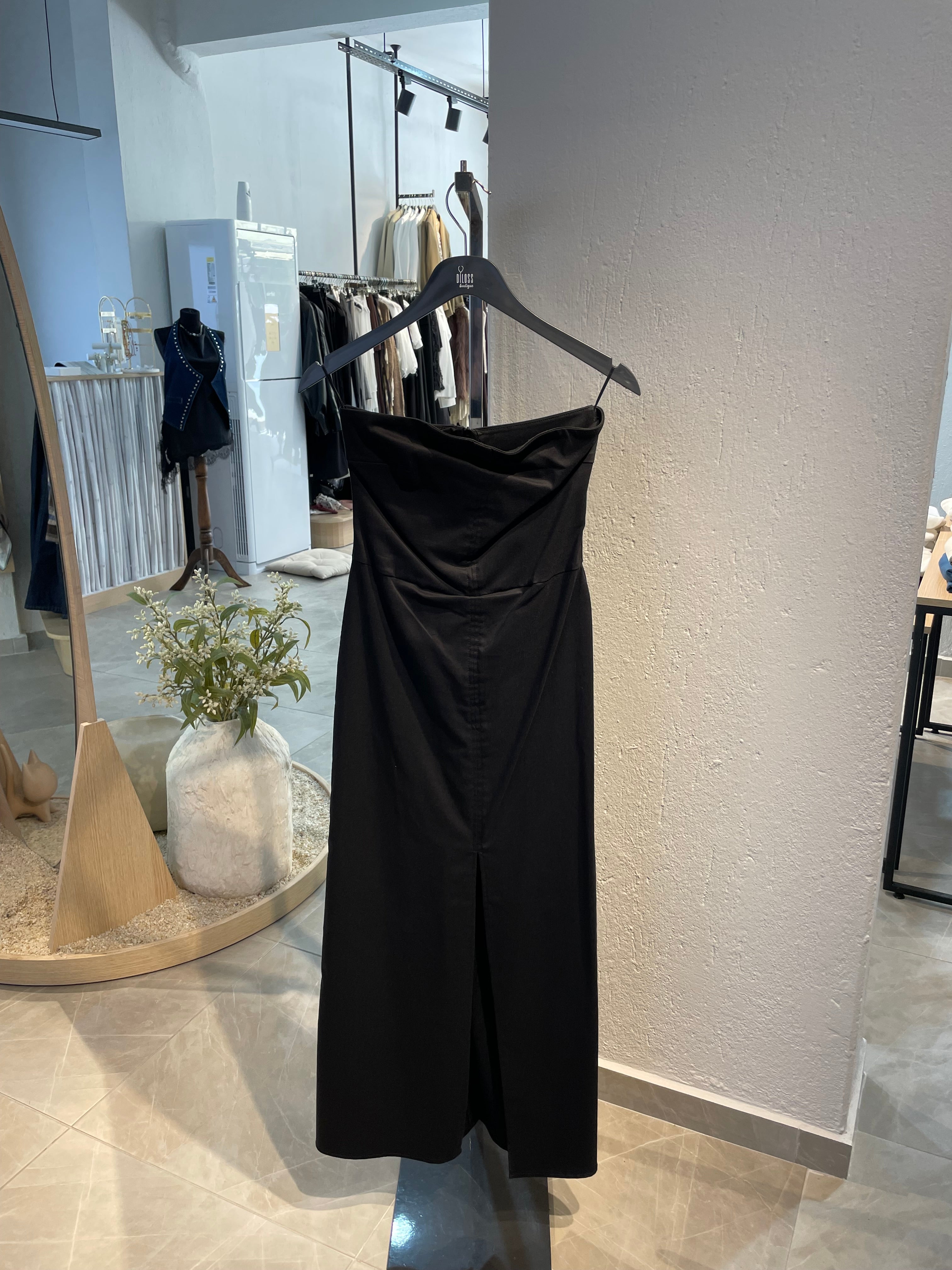 Straplez Yırtmaç Detay Elbise