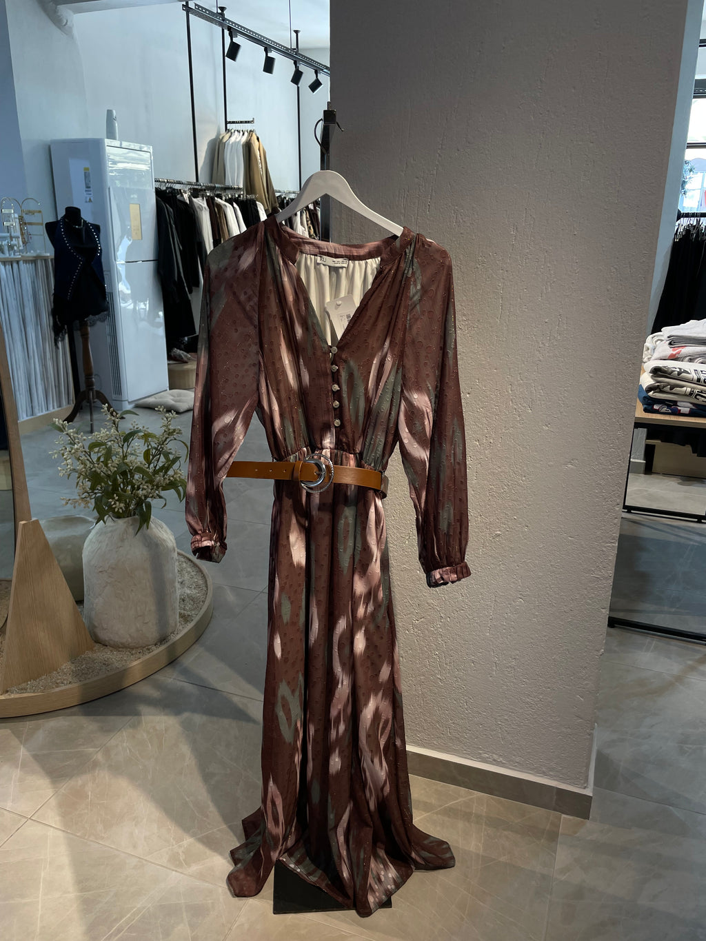 Desenli Bohem Kemerli Uzun Elbise