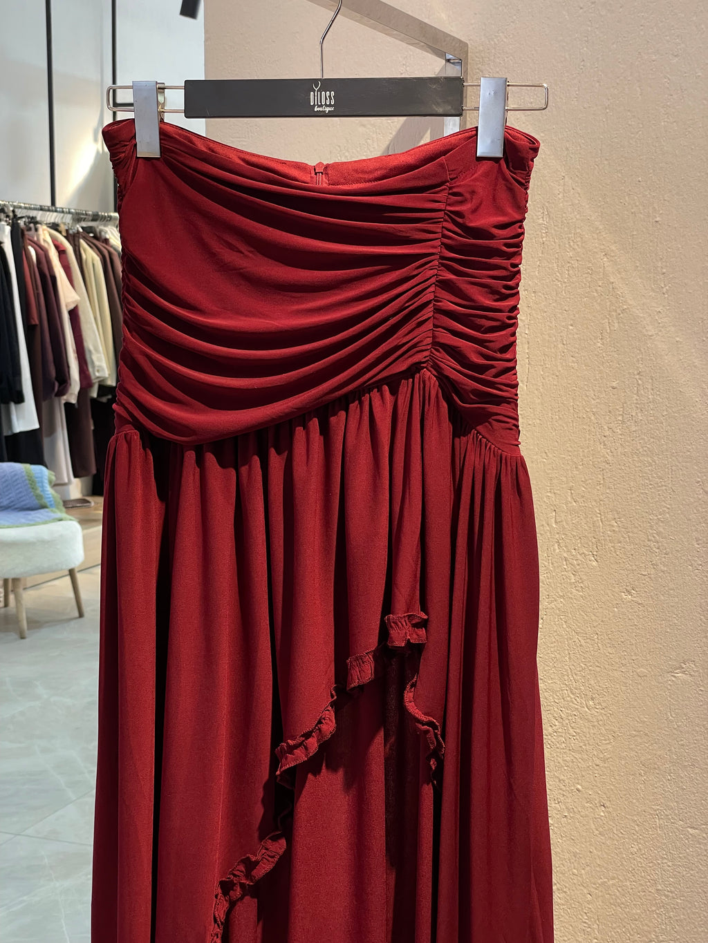 Bordo Yırtmaçlı Drapeli Etek