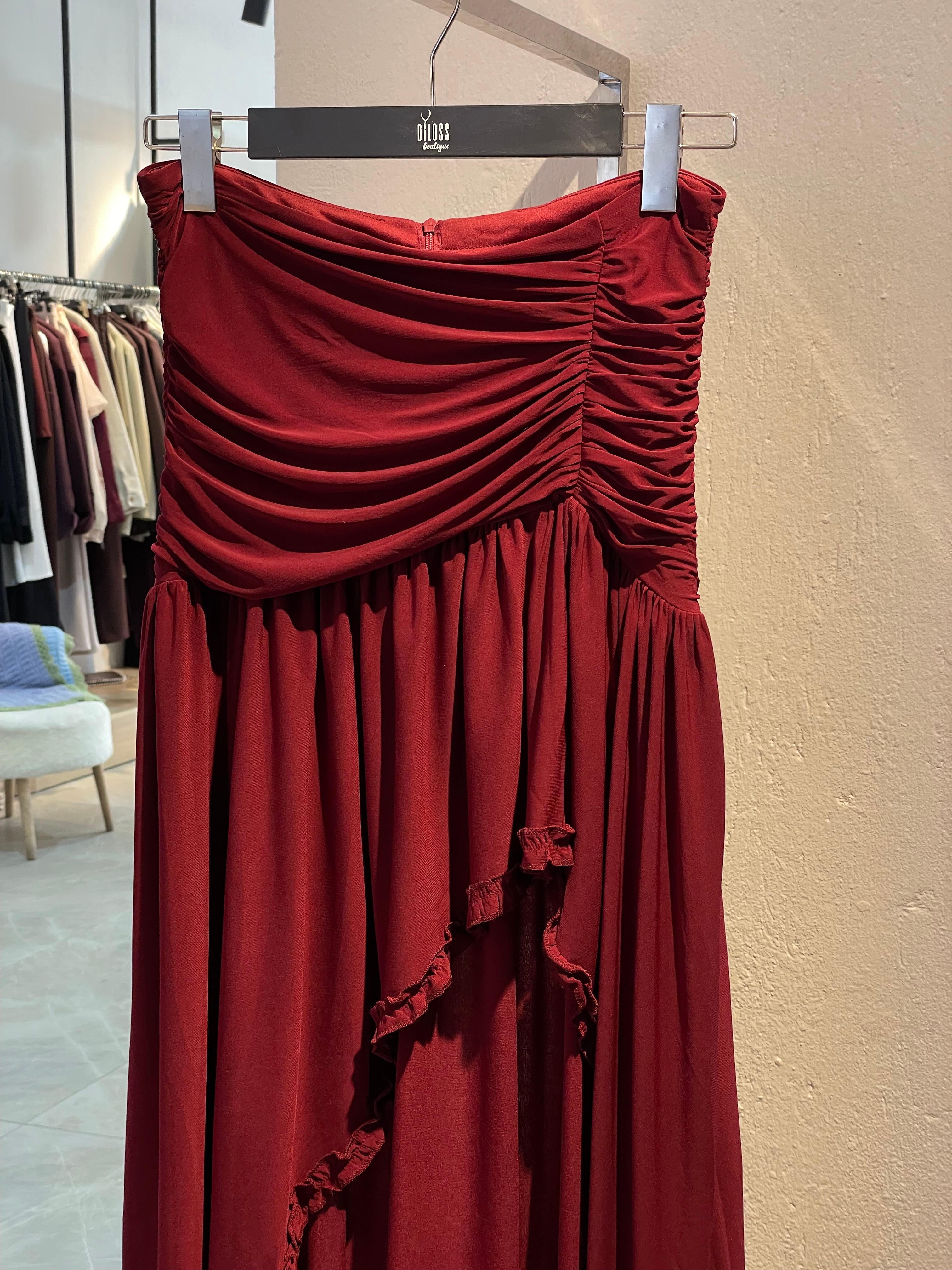 Bordo Yırtmaçlı Drapeli Etek