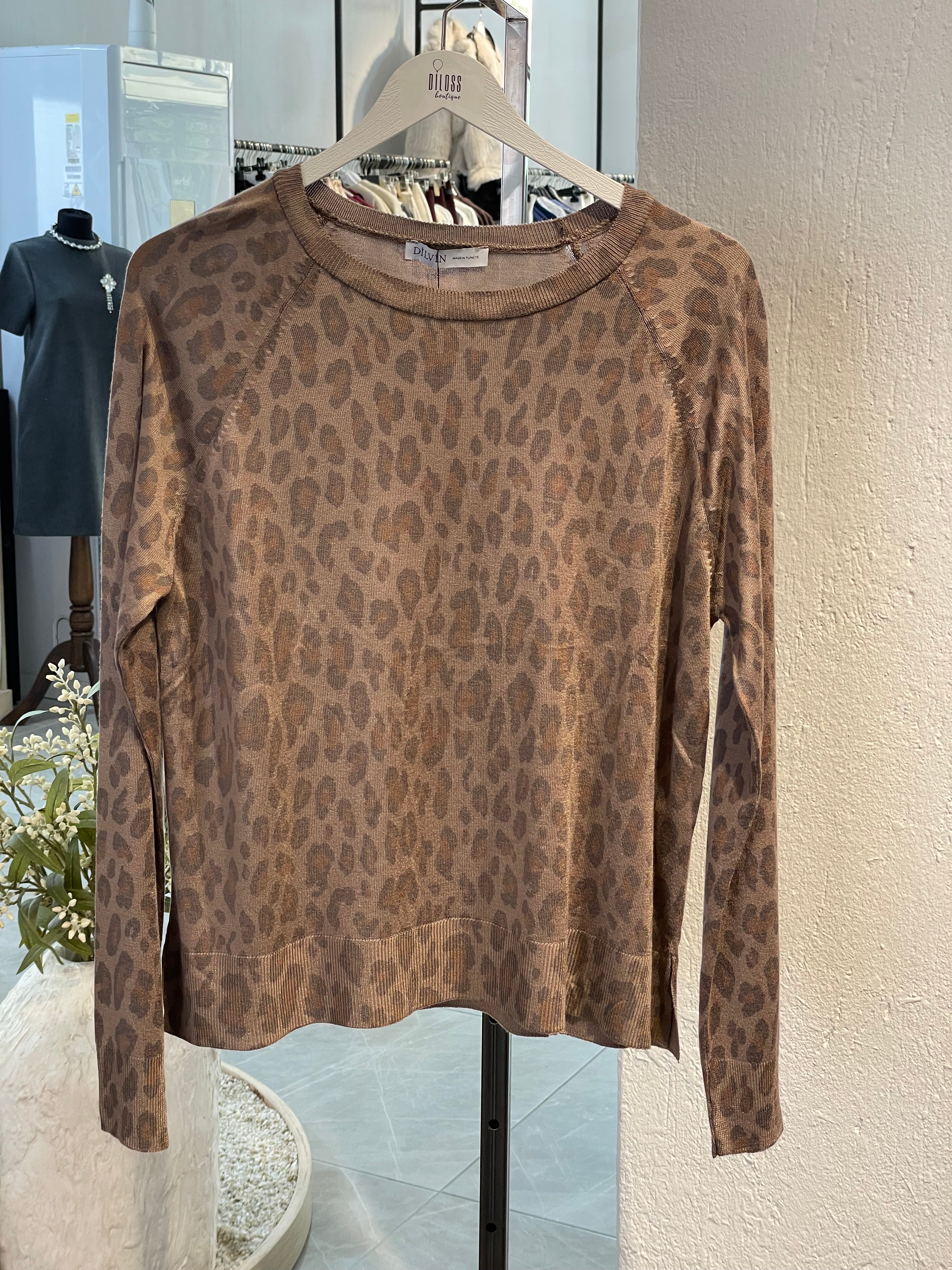 Dlvn Bisiklet Yaka Leopar Baskılı Triko Kazak