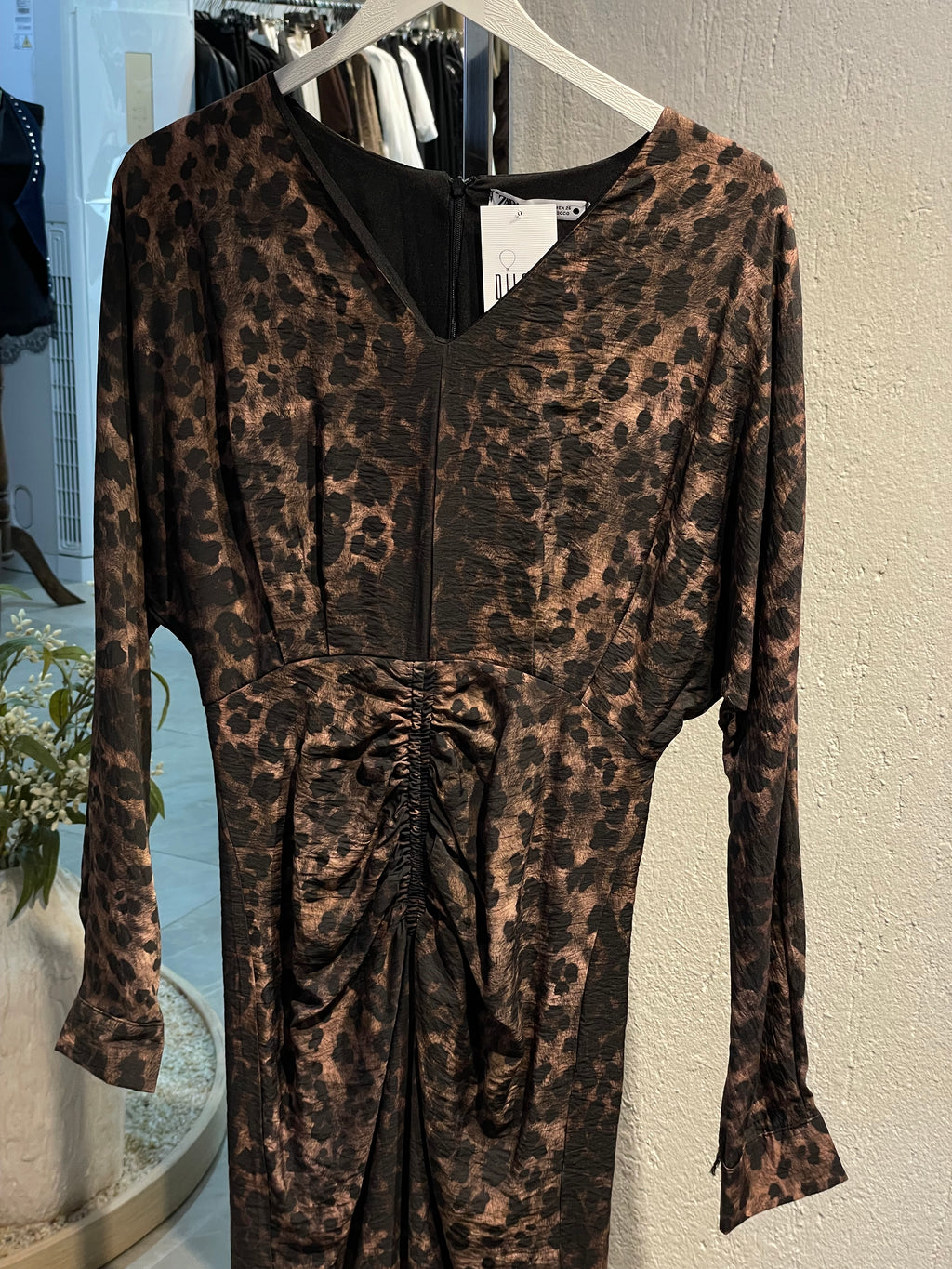 Leopar Desen Önden Büzgülü Elbise