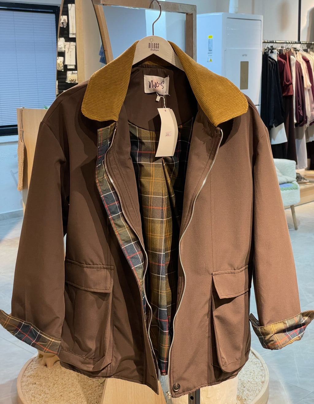 Kahverengi Kadife Ekose Detay Ceket