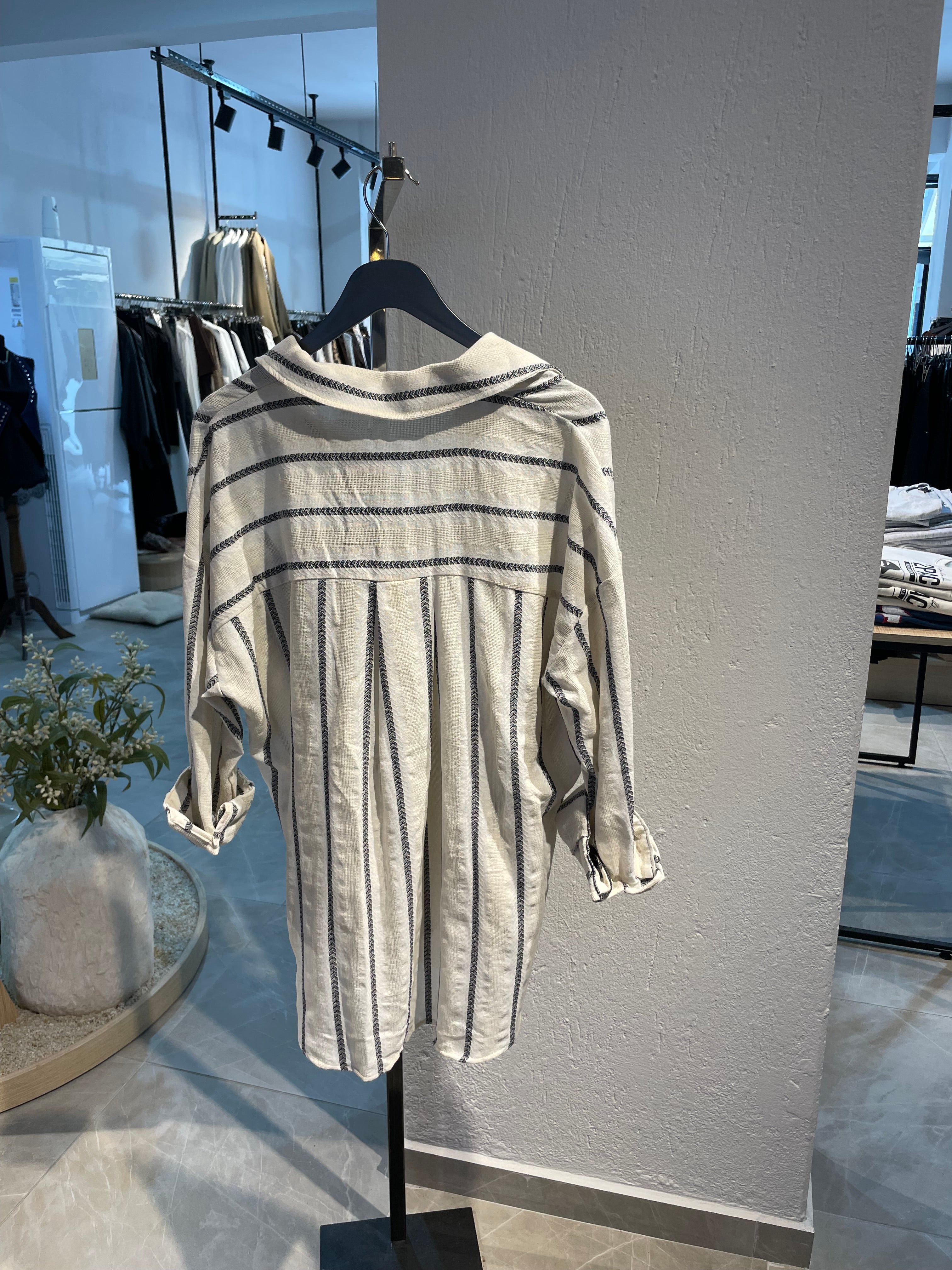 Cepli Garnili İbiza Çizgili Keten Gömlek