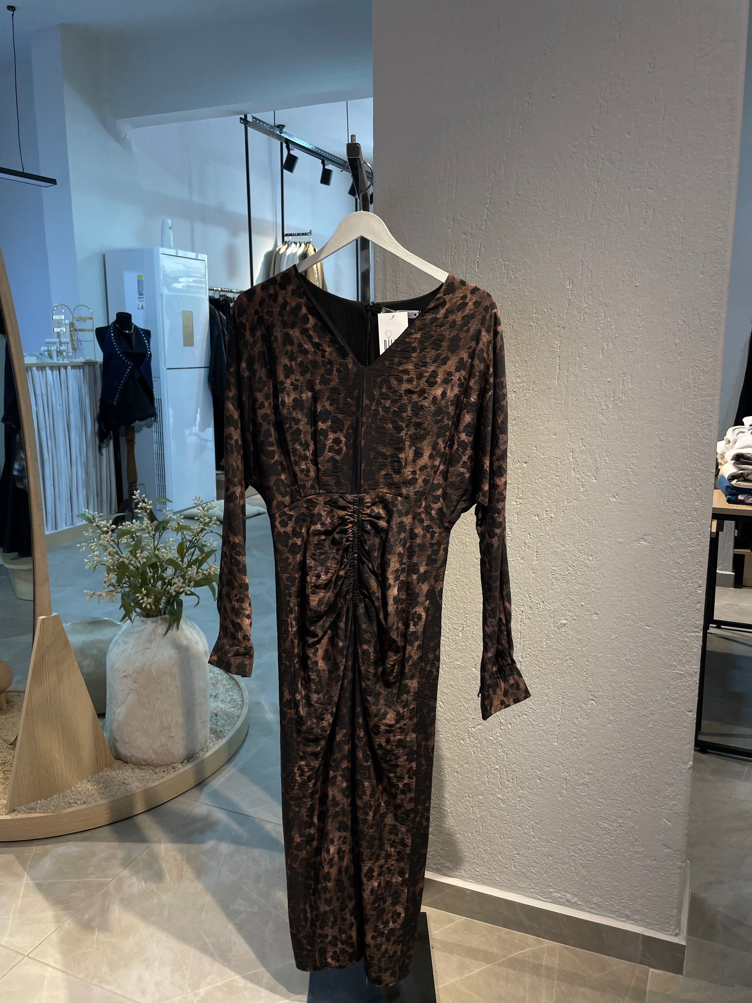 Leopar Desen Önden Büzgülü Elbise