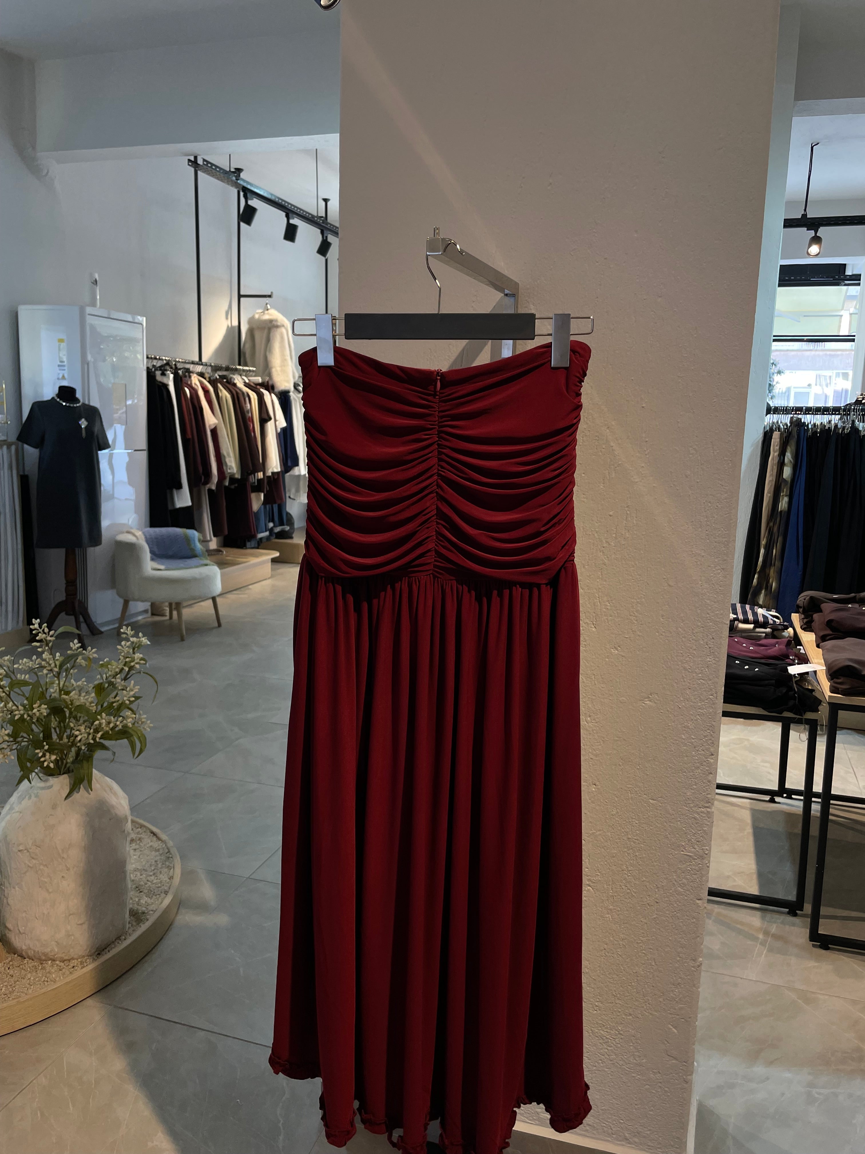 Bordo Yırtmaçlı Drapeli Etek