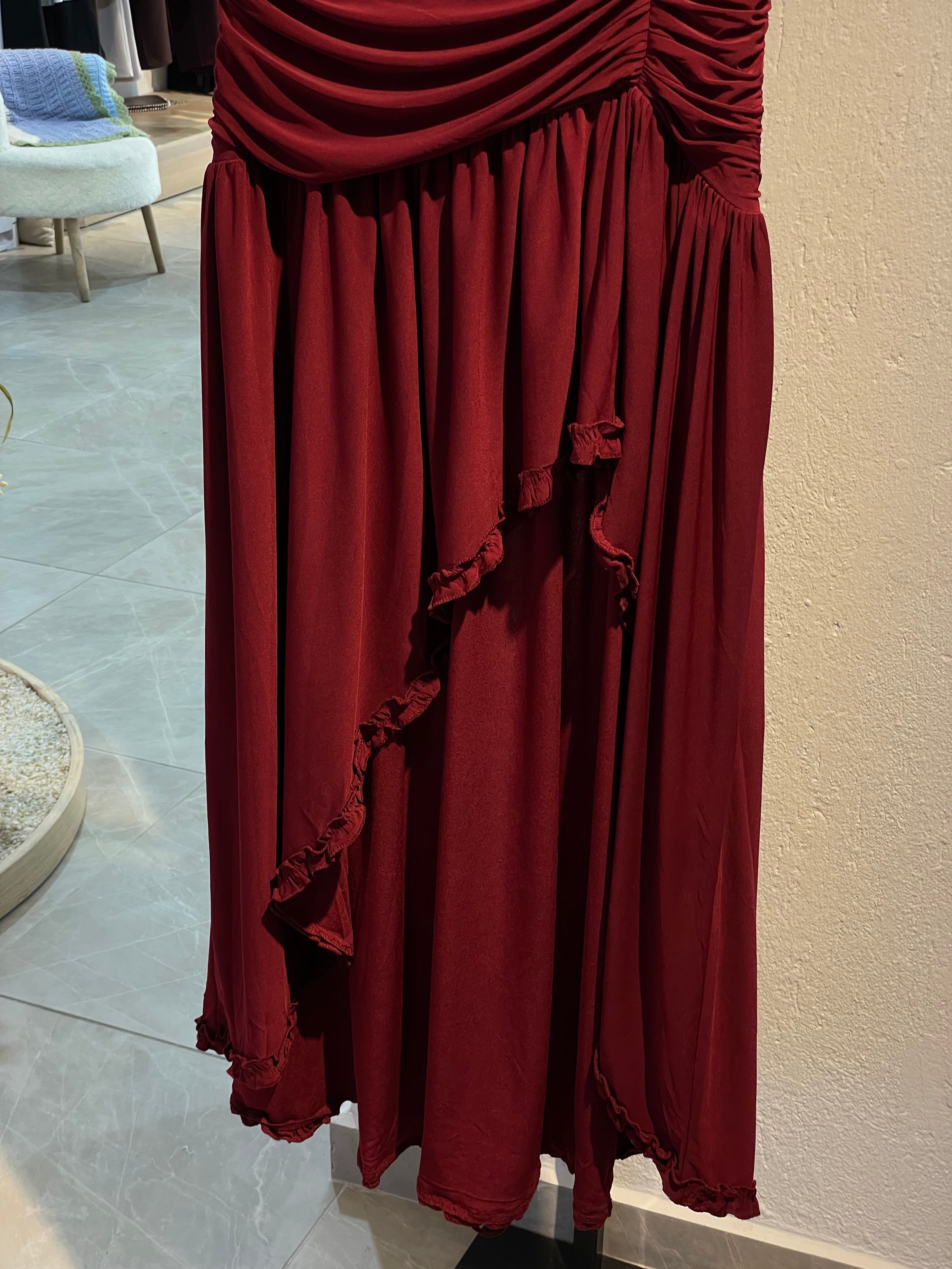 Bordo Yırtmaçlı Drapeli Etek