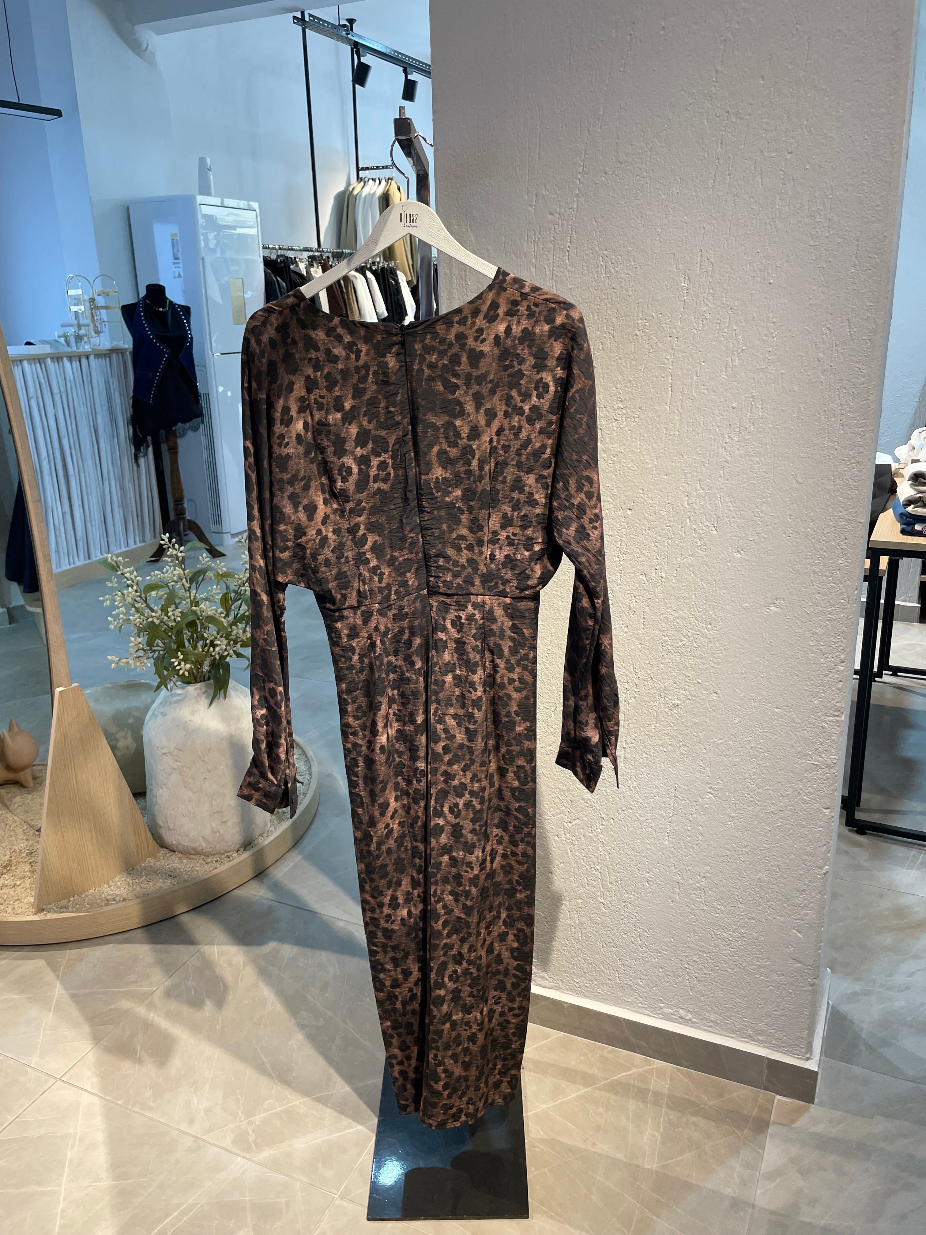 Leopar Desen Önden Büzgülü Elbise