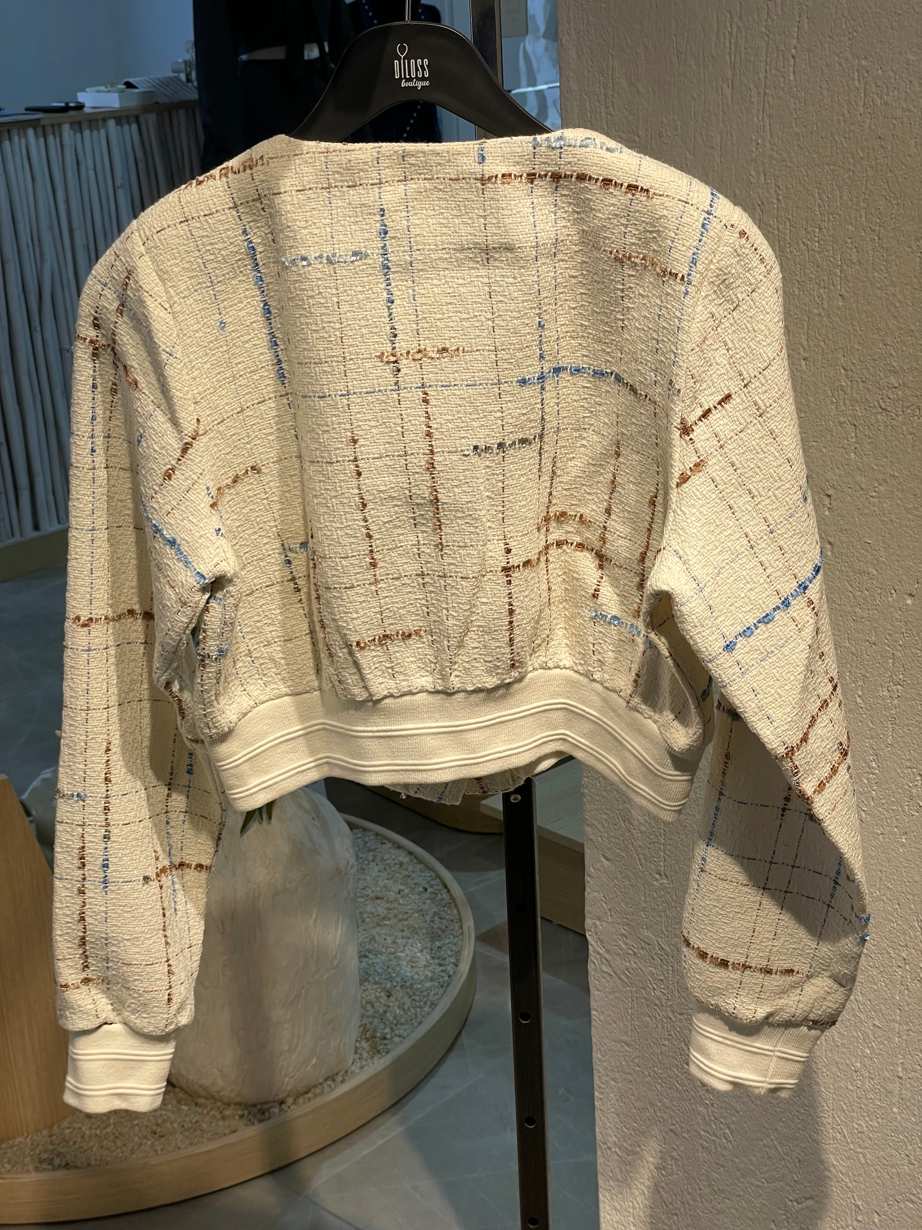 Krem Kelebek Mavi Desenli Düğmeli Hırka