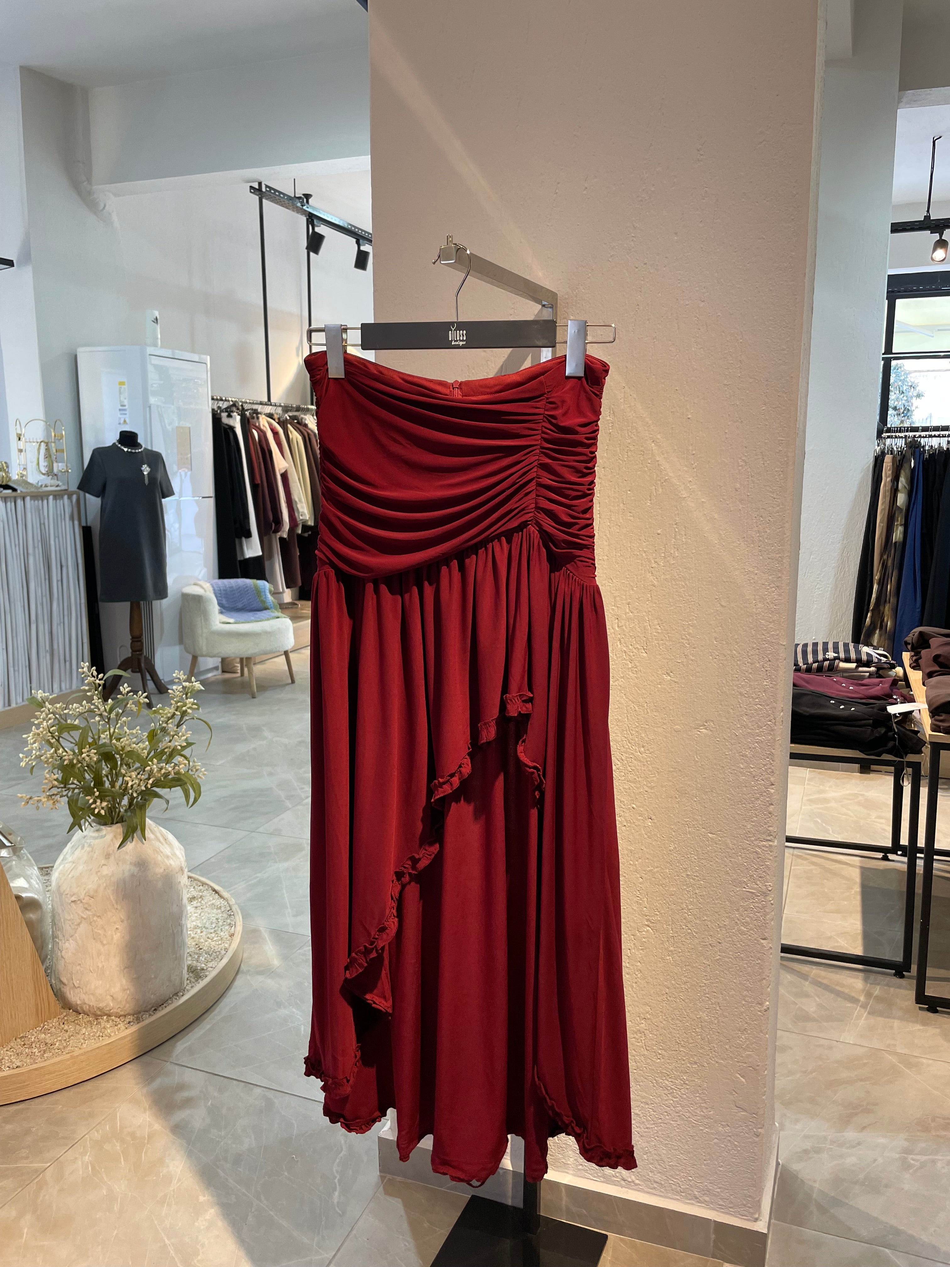 Bordo Yırtmaçlı Drapeli Etek