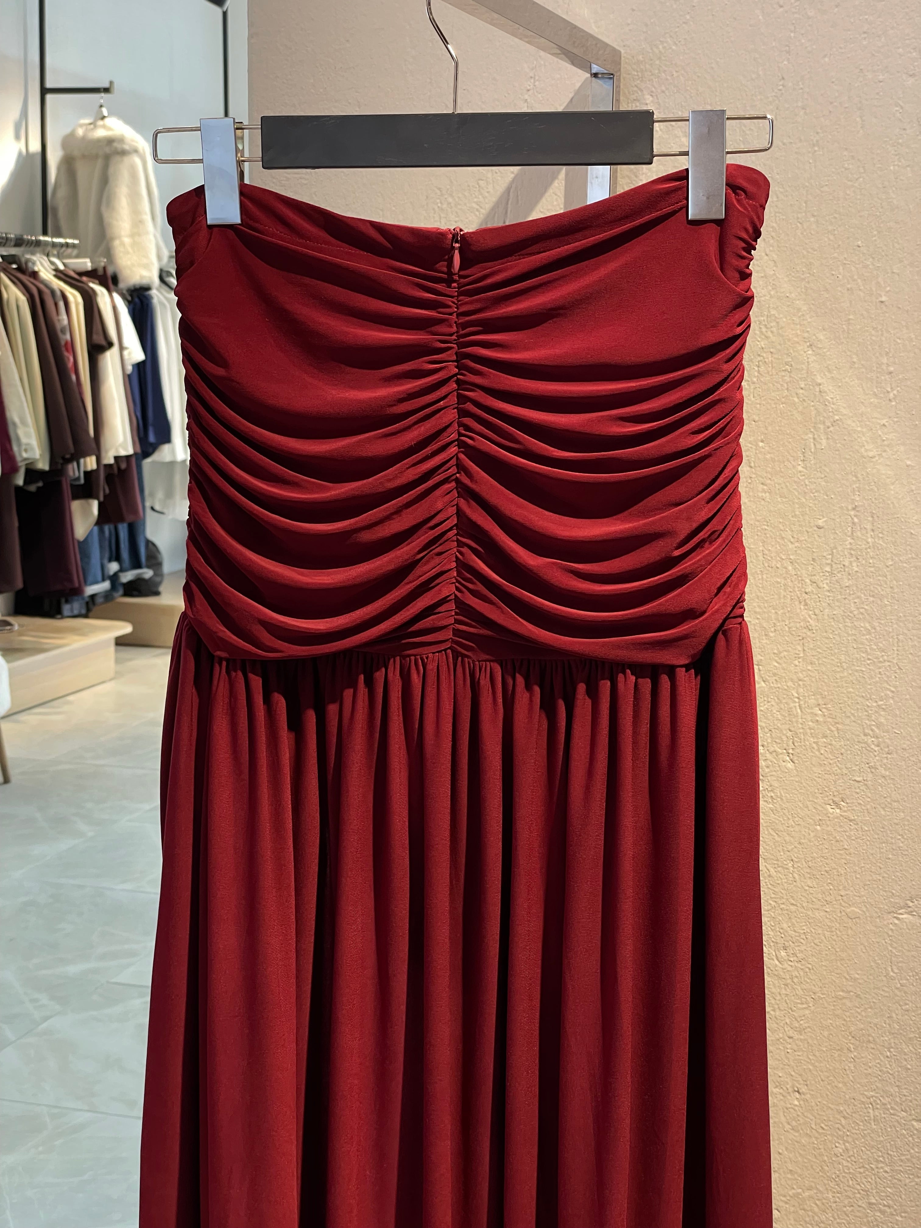 Bordo Yırtmaçlı Drapeli Etek