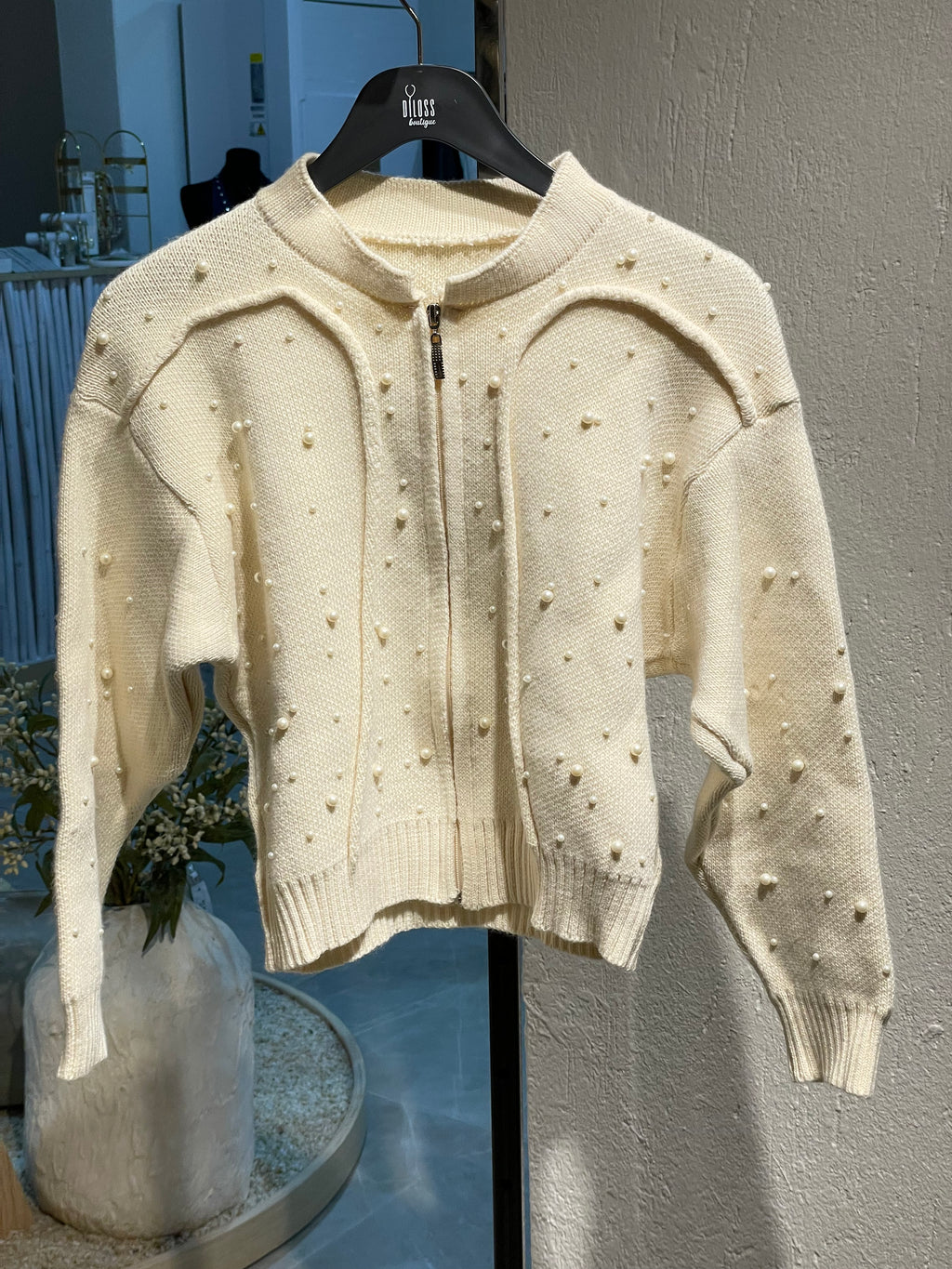 İnci Detaylı Krem Hırka