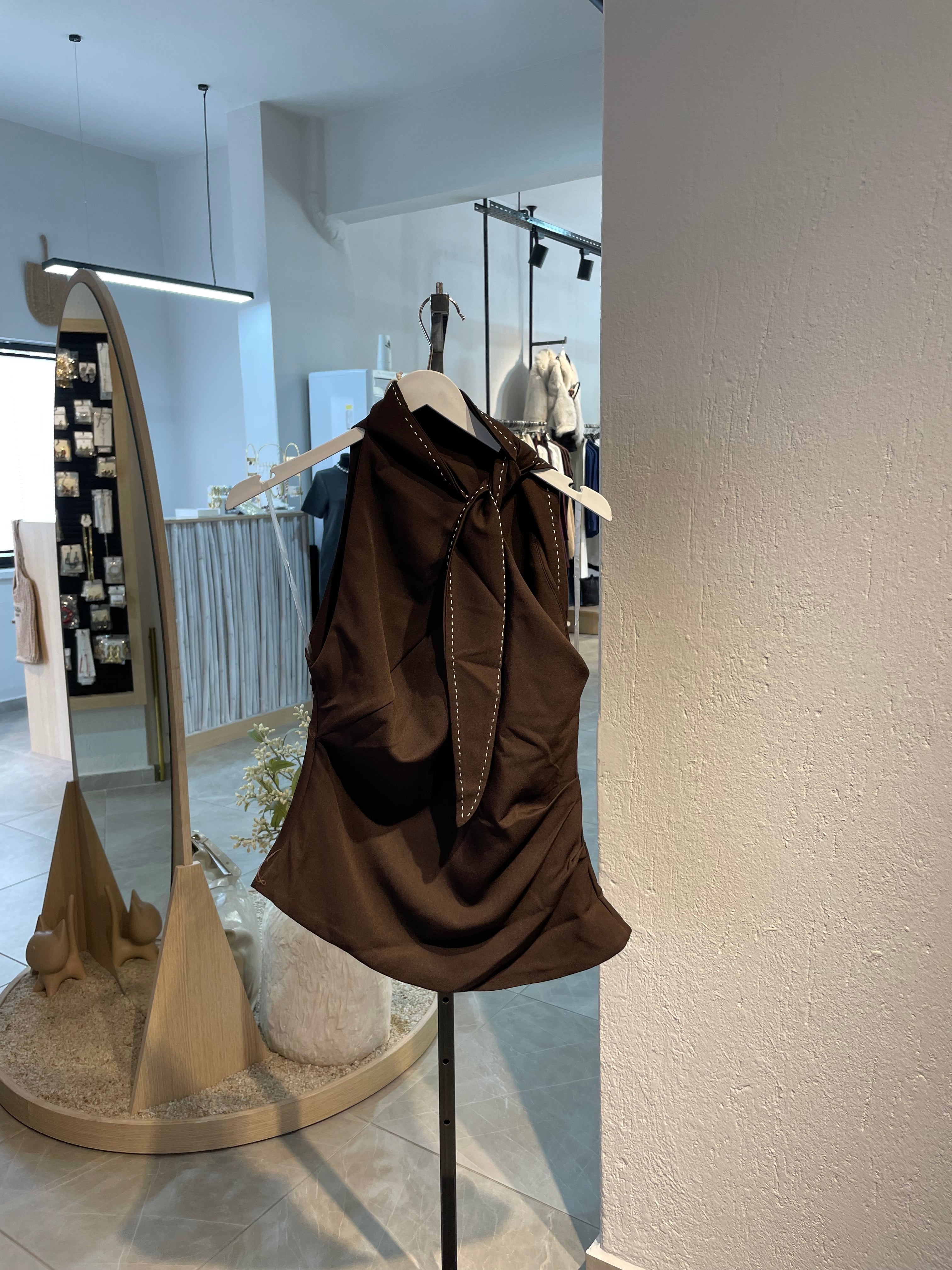 Tasarım Boyundan Bağlamalı Dikiş İz Bluz