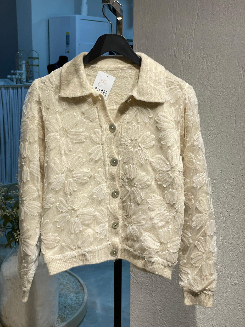 Krem Çiçekli ve Pul Detaylı Hırka