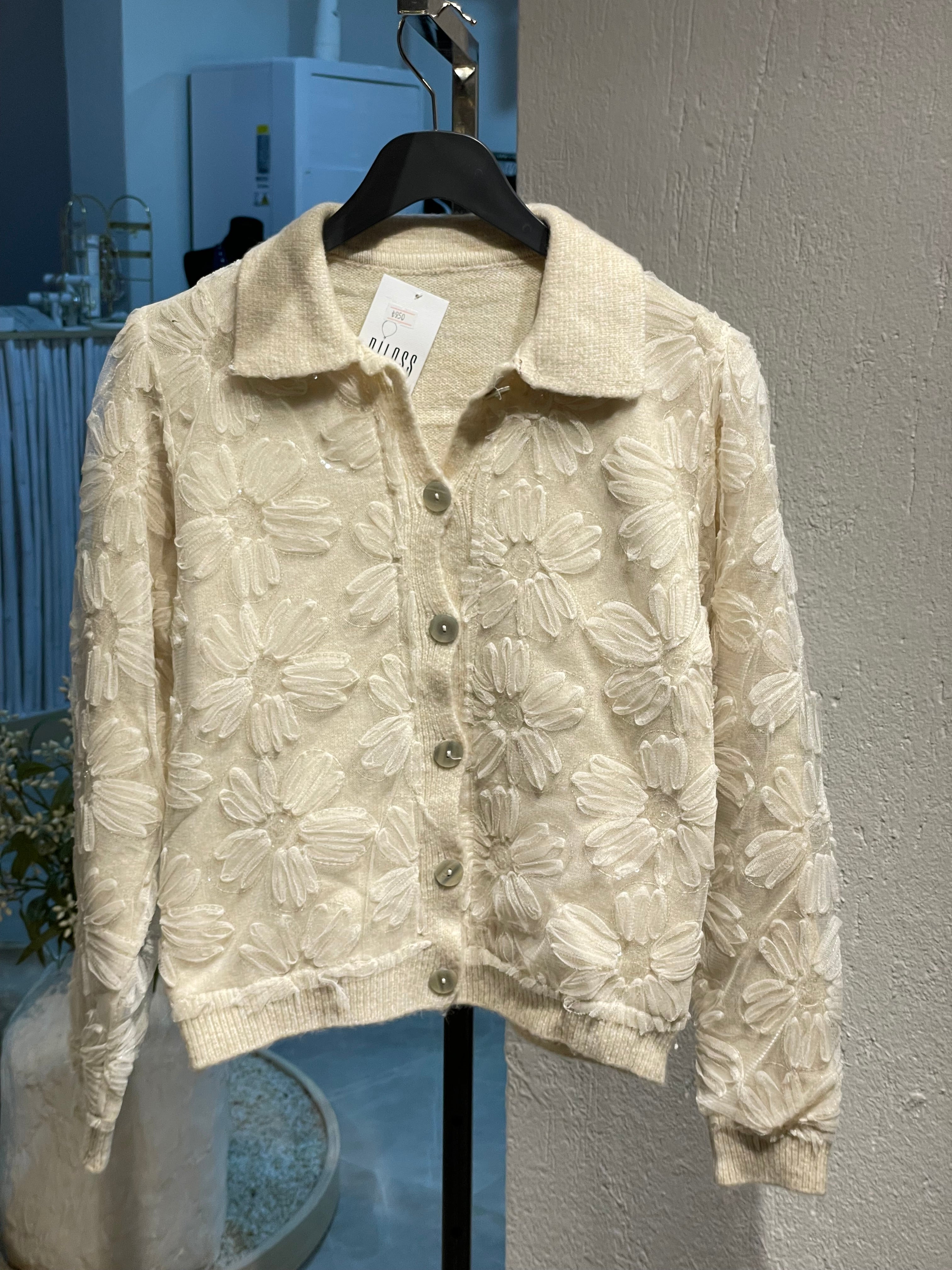 Krem Çiçekli ve Pul Detaylı Hırka