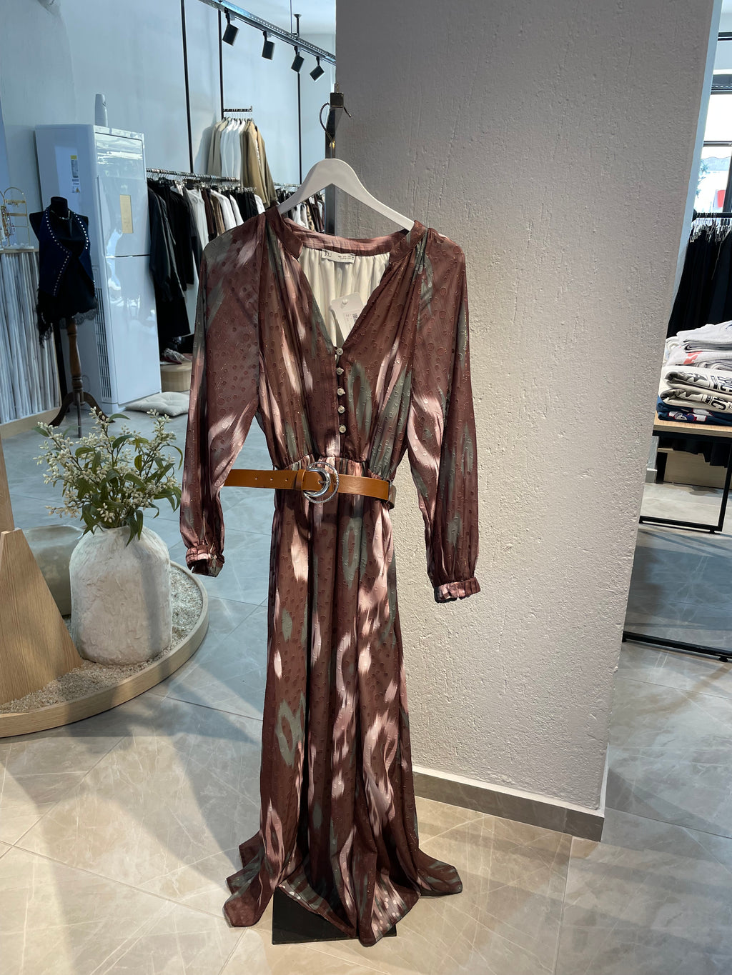 Desenli Bohem Kemerli Uzun Elbise