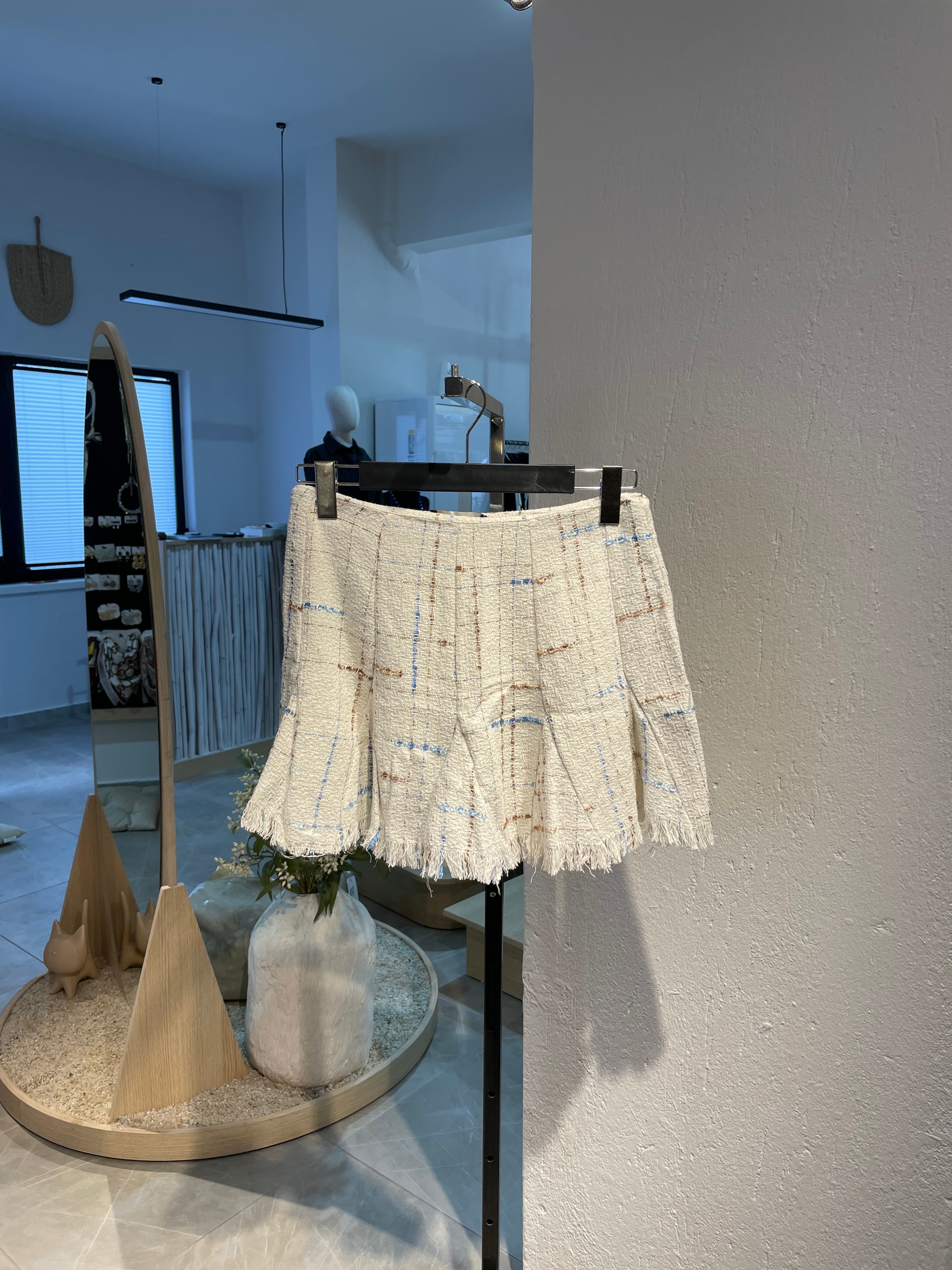 Krem Kelebek Mavi Desenli Parçalı Etek