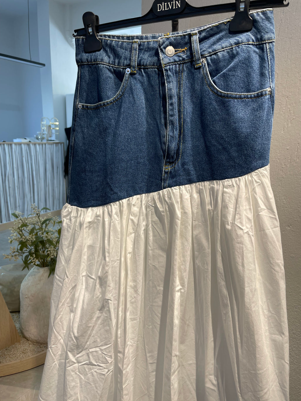 Kot ve Kumaş Detaylı Uzun Etek