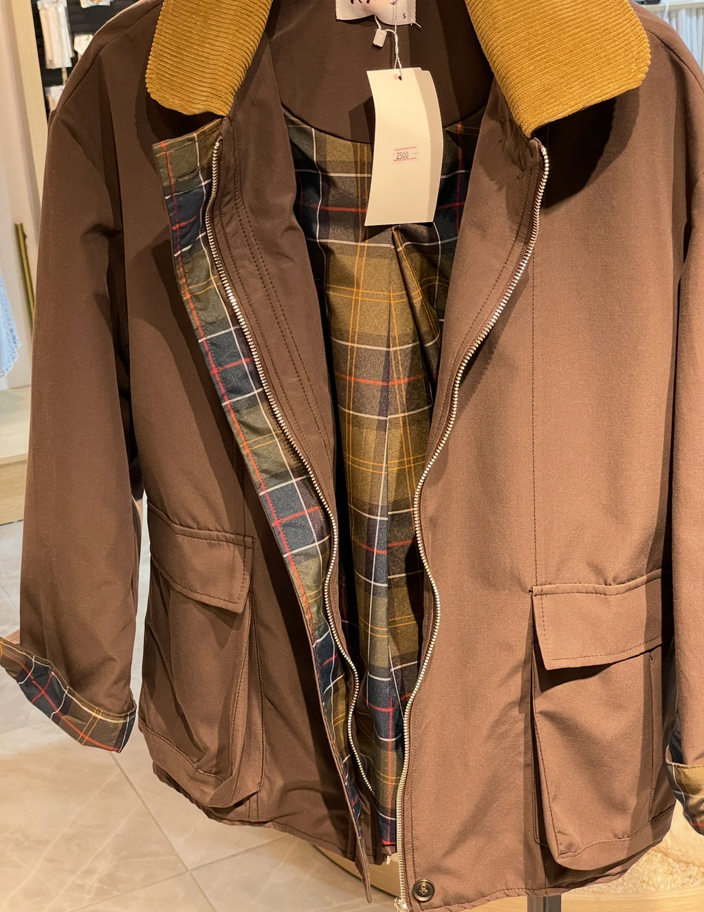 Kahverengi Kadife Ekose Detay Ceket