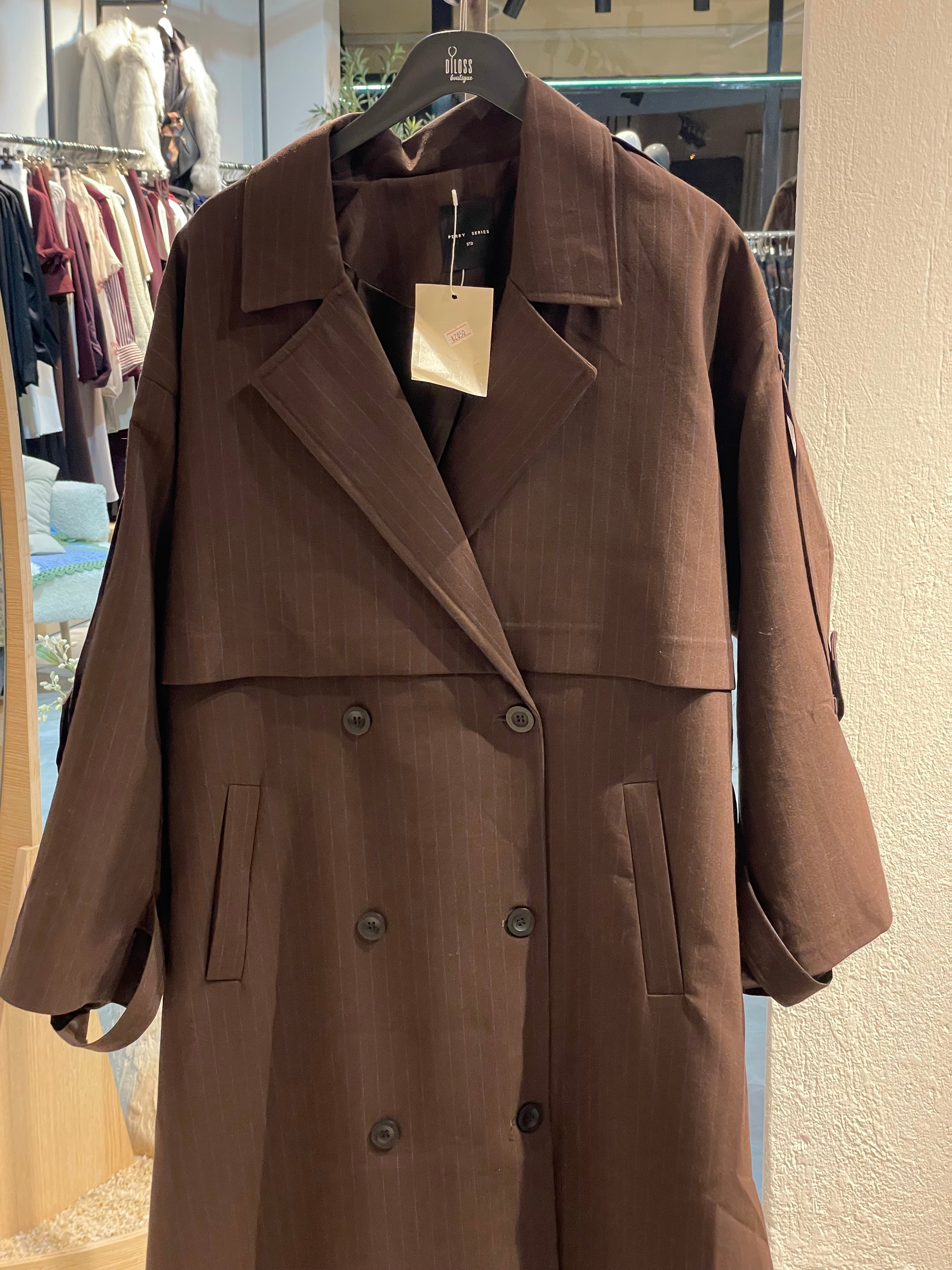 Kahverengi Mavi Çizgi Detay Uzun Trençkot