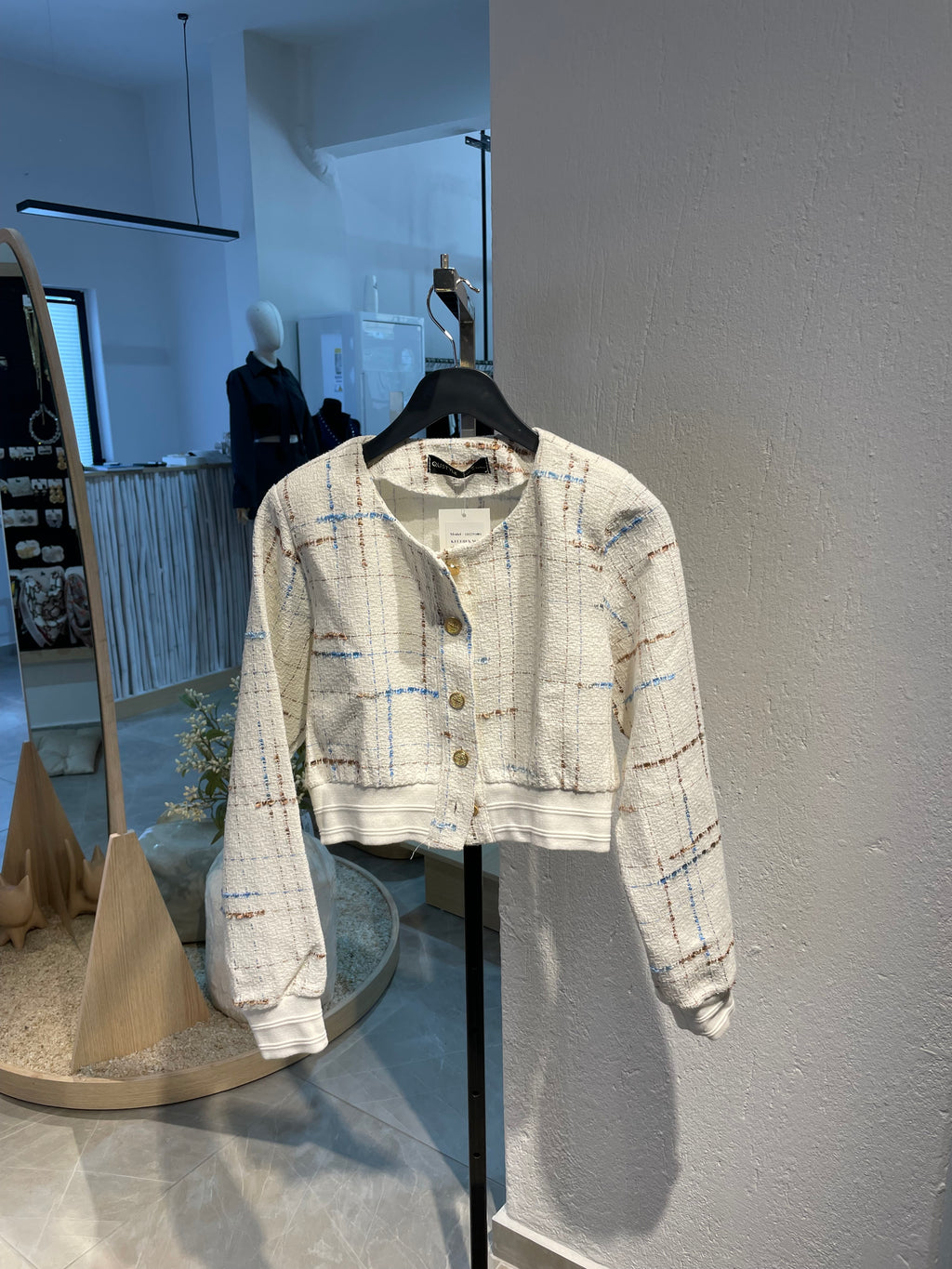 Krem Kelebek Mavi Desenli Düğmeli Hırka