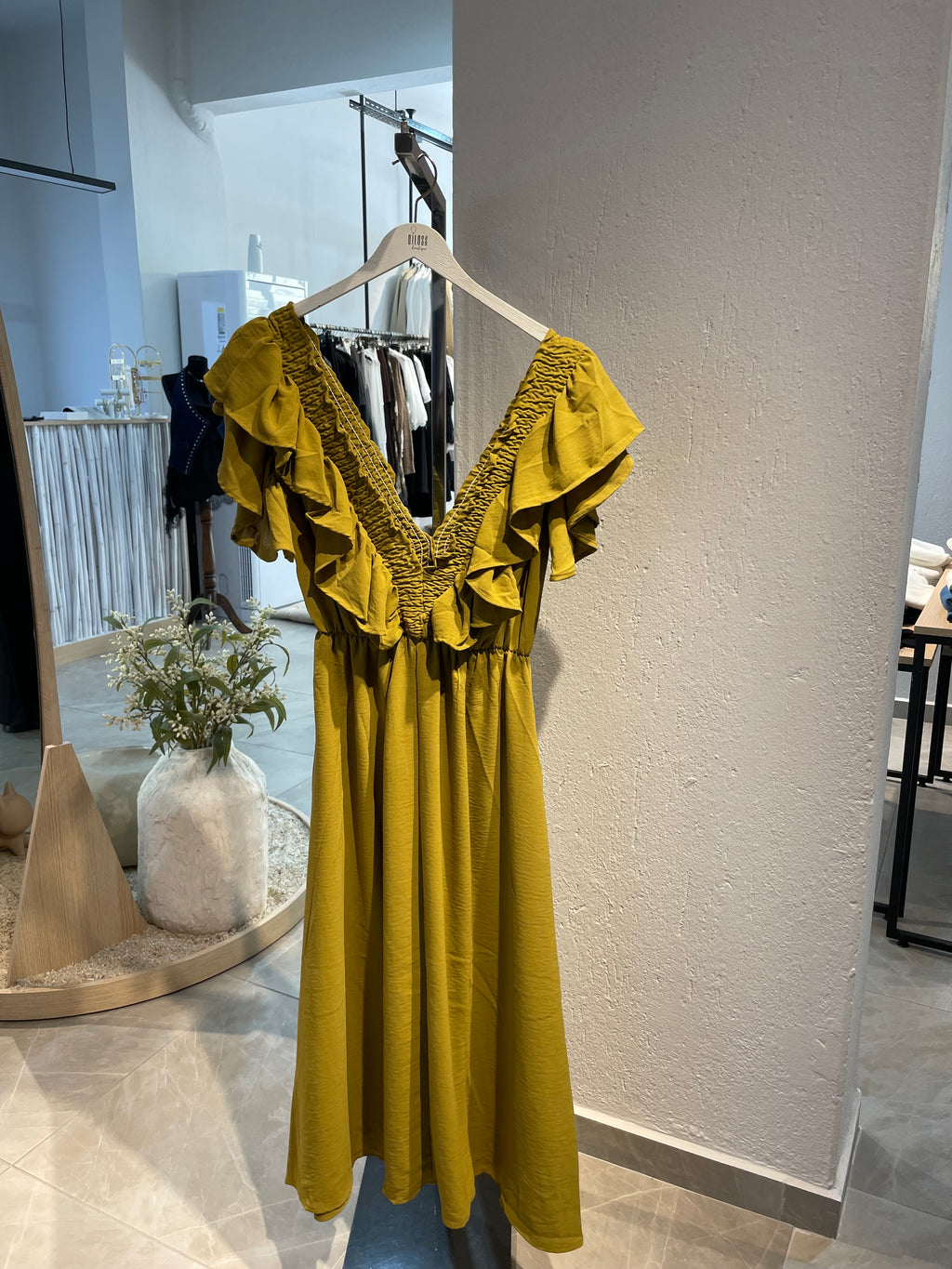 Yağ Yeşili Fırfır Detaylı Uzun Elbise