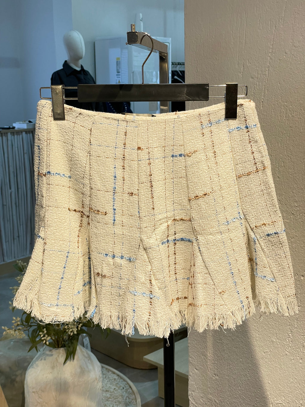 Krem Kelebek Mavi Desenli Parçalı Etek