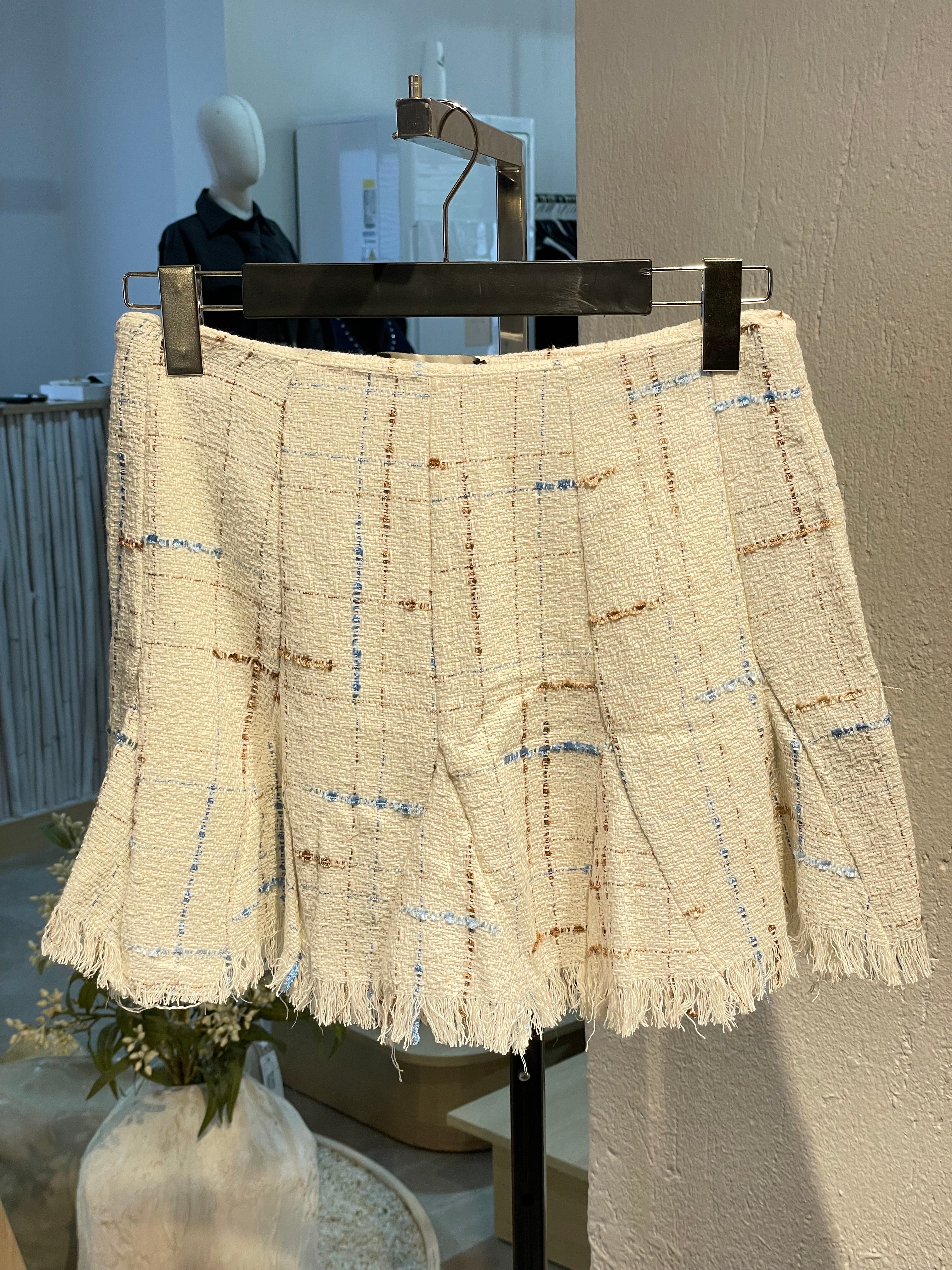 Krem Kelebek Mavi Desenli Parçalı Etek