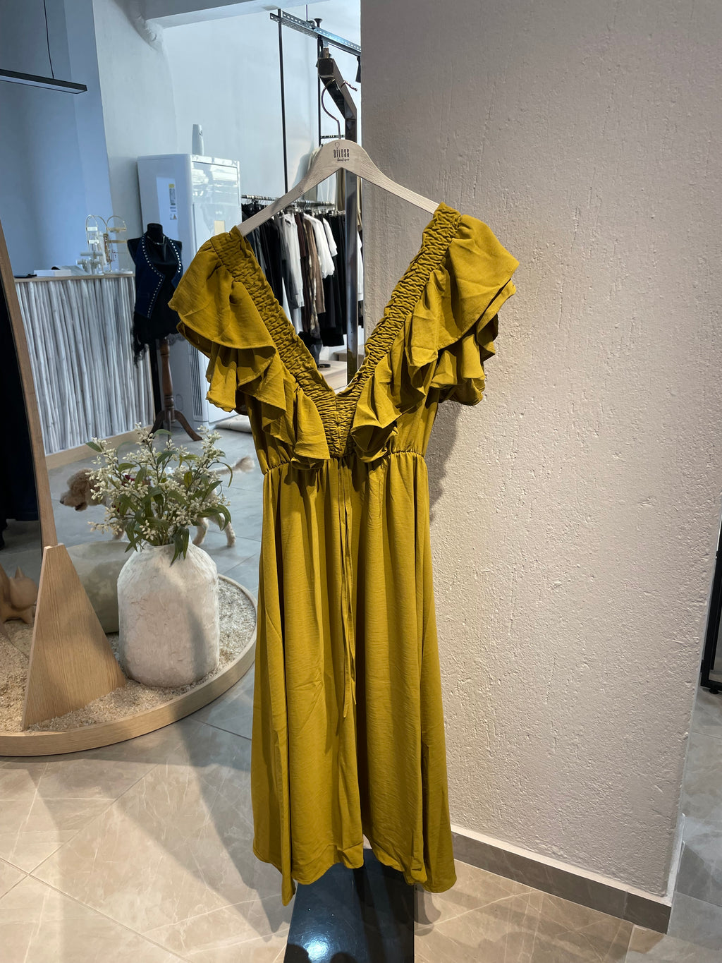 Yağ Yeşili Fırfır Detaylı Uzun Elbise