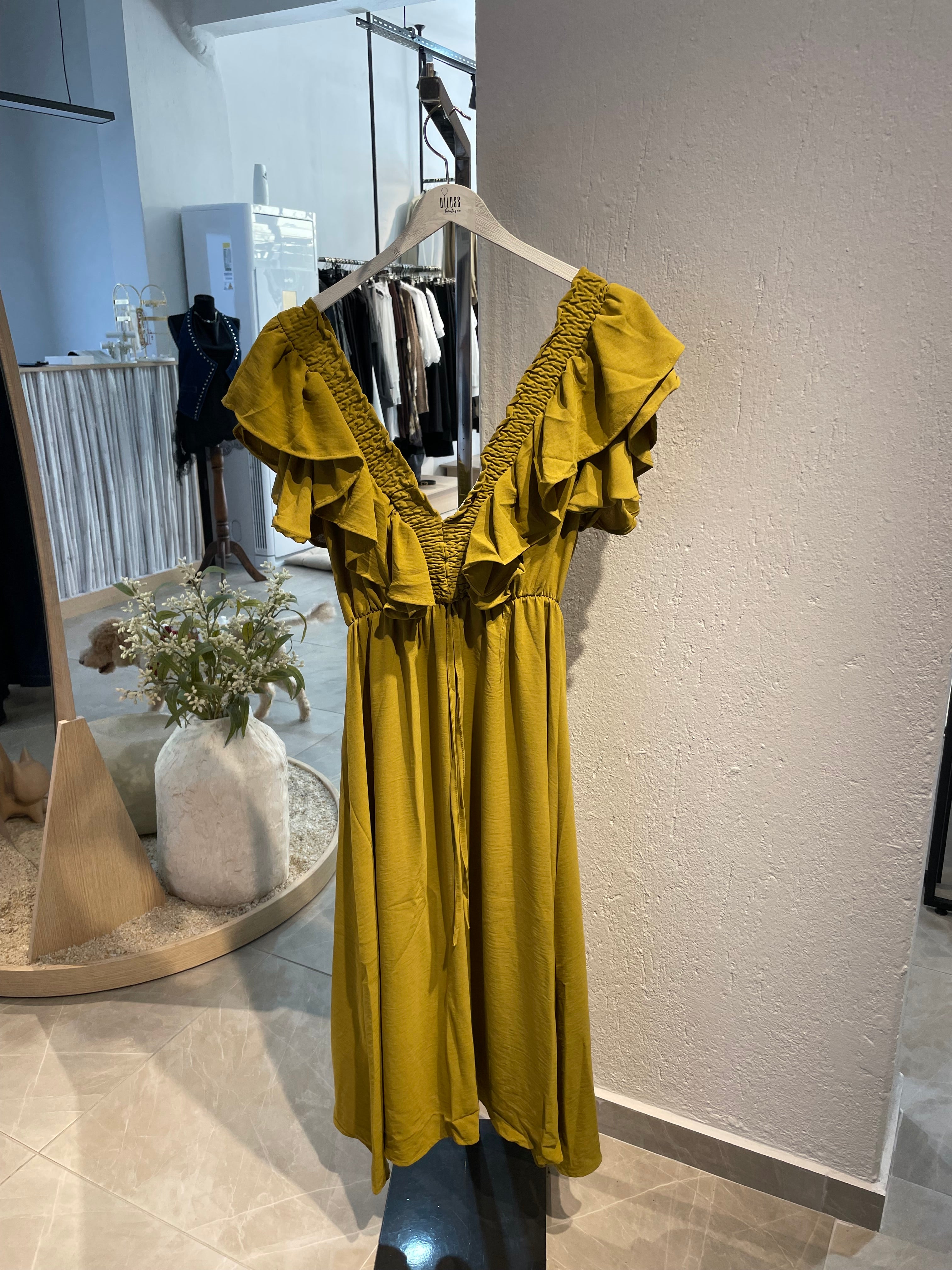 Yağ Yeşili Fırfır Detaylı Uzun Elbise