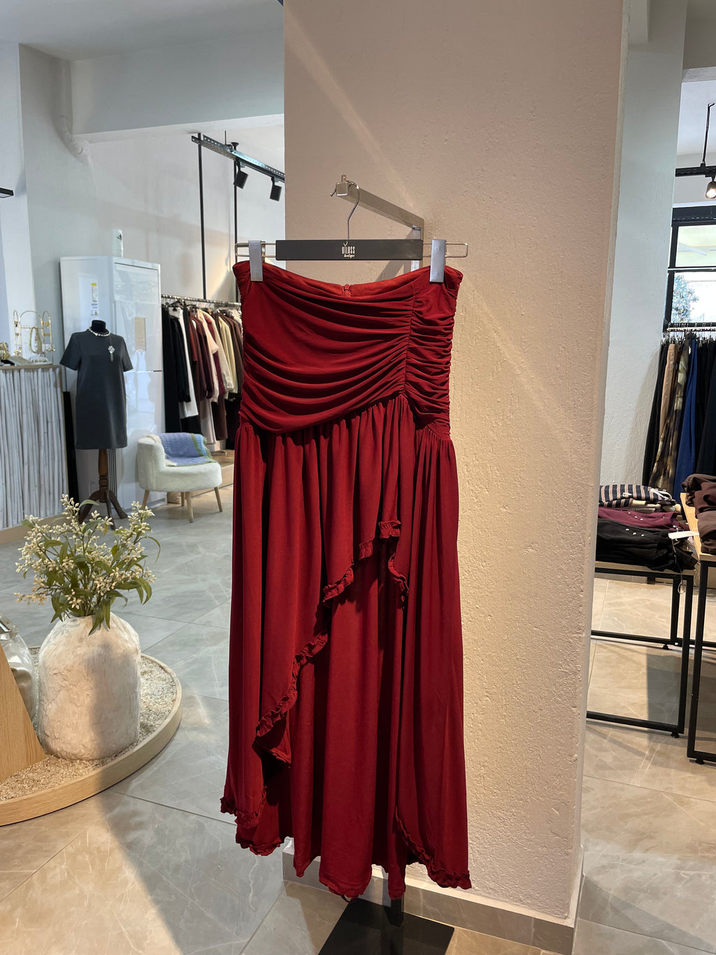 Bordo Yırtmaçlı Drapeli Etek