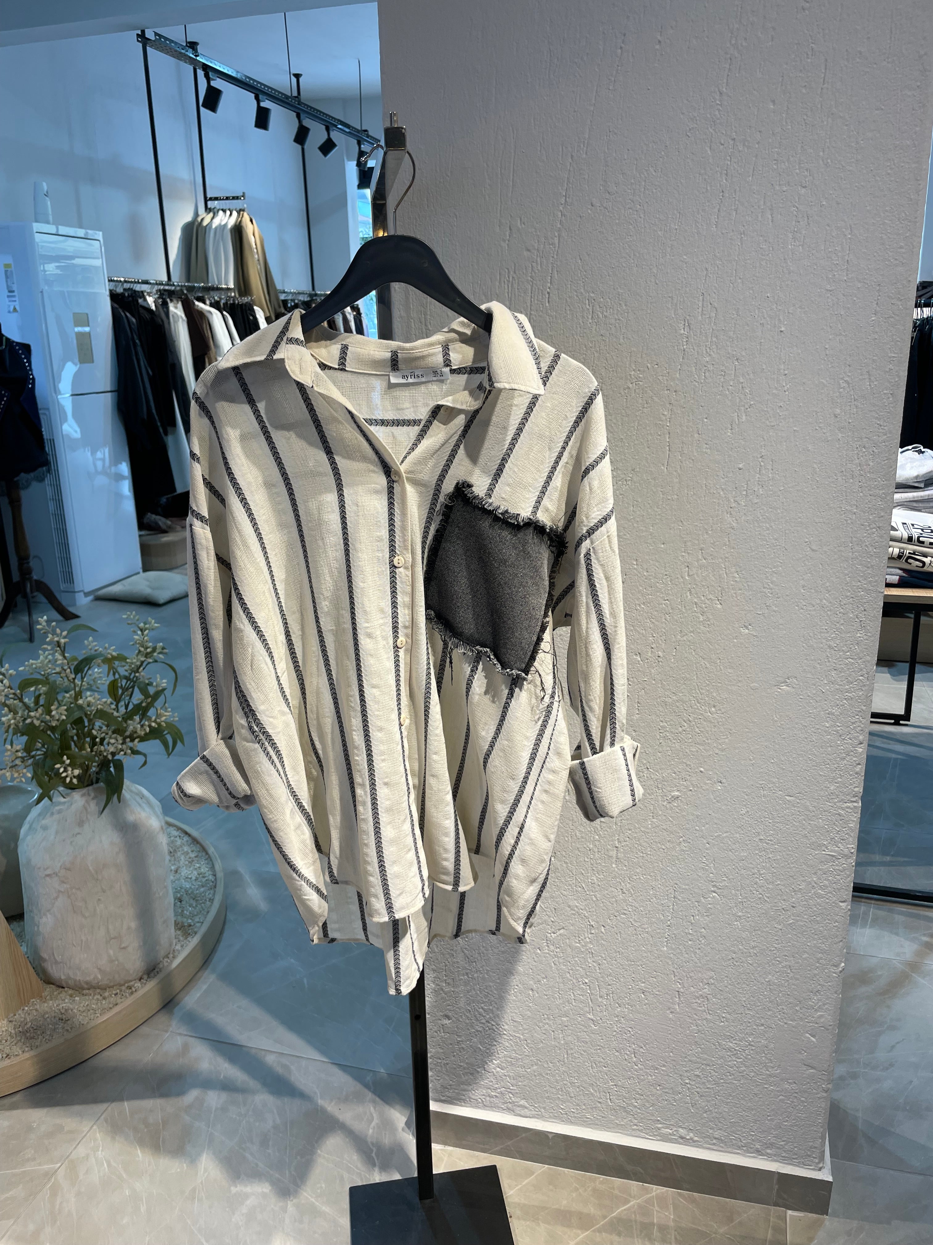 Cepli Garnili İbiza Çizgili Keten Gömlek