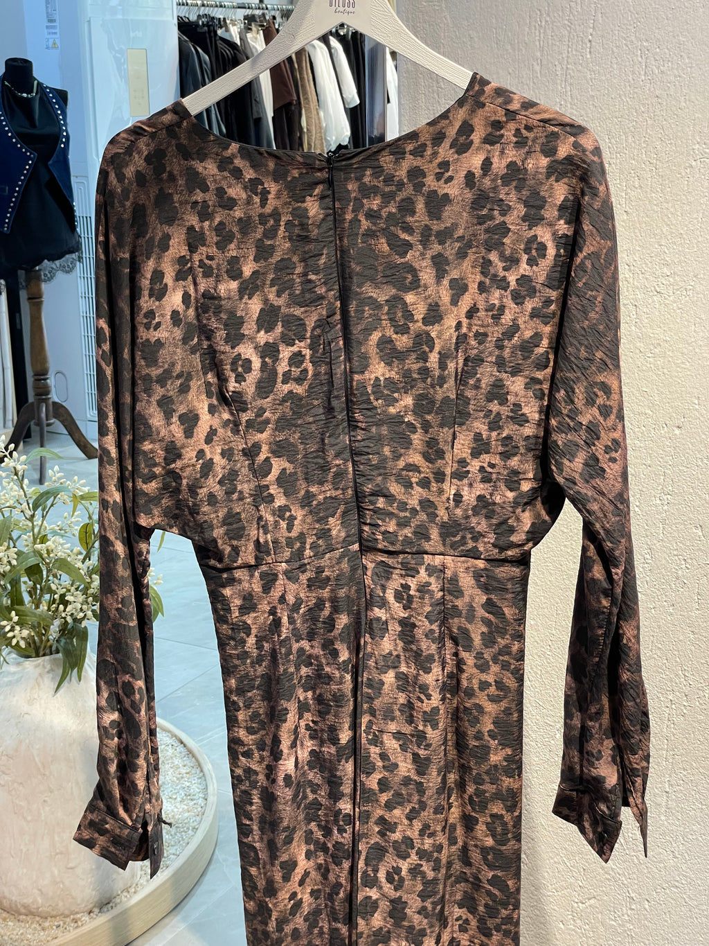 Leopar Desen Önden Büzgülü Elbise