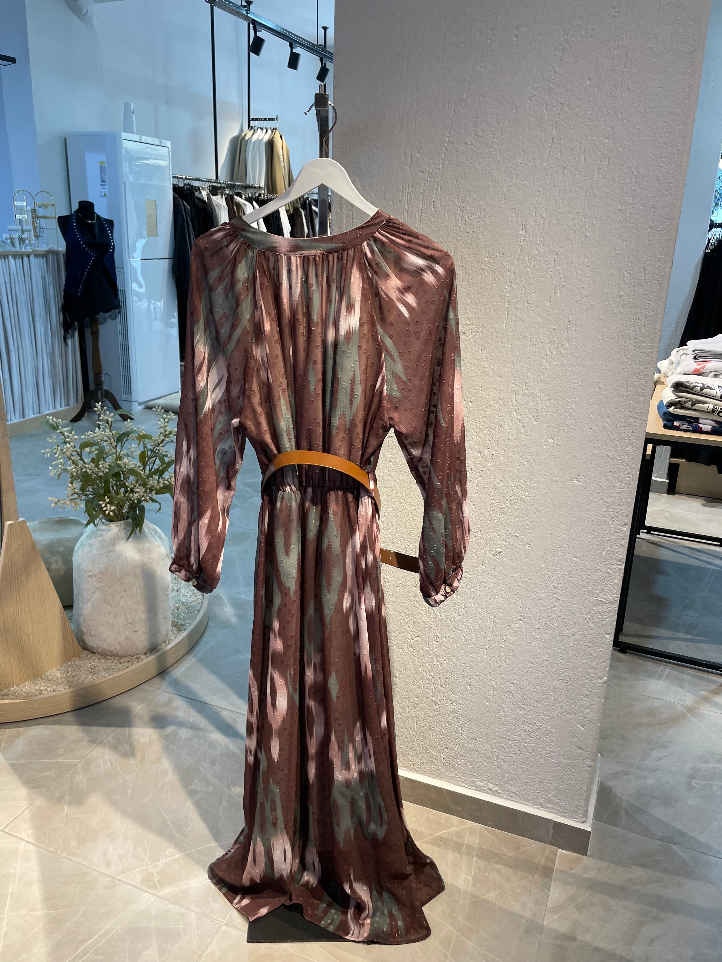 Desenli Bohem Kemerli Uzun Elbise