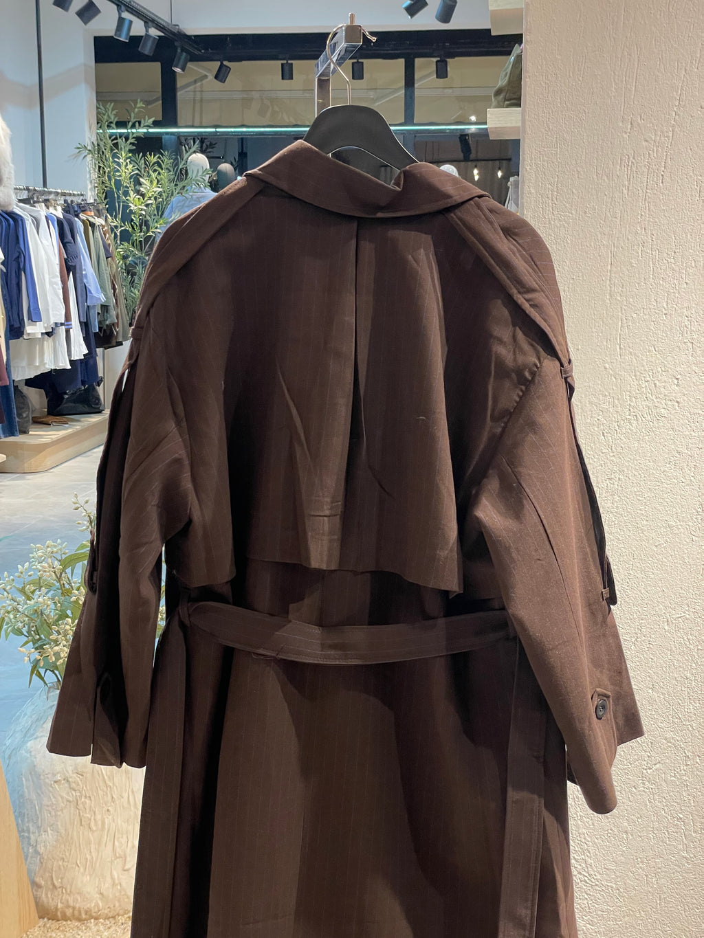 Kahverengi Mavi Çizgi Detay Uzun Trençkot