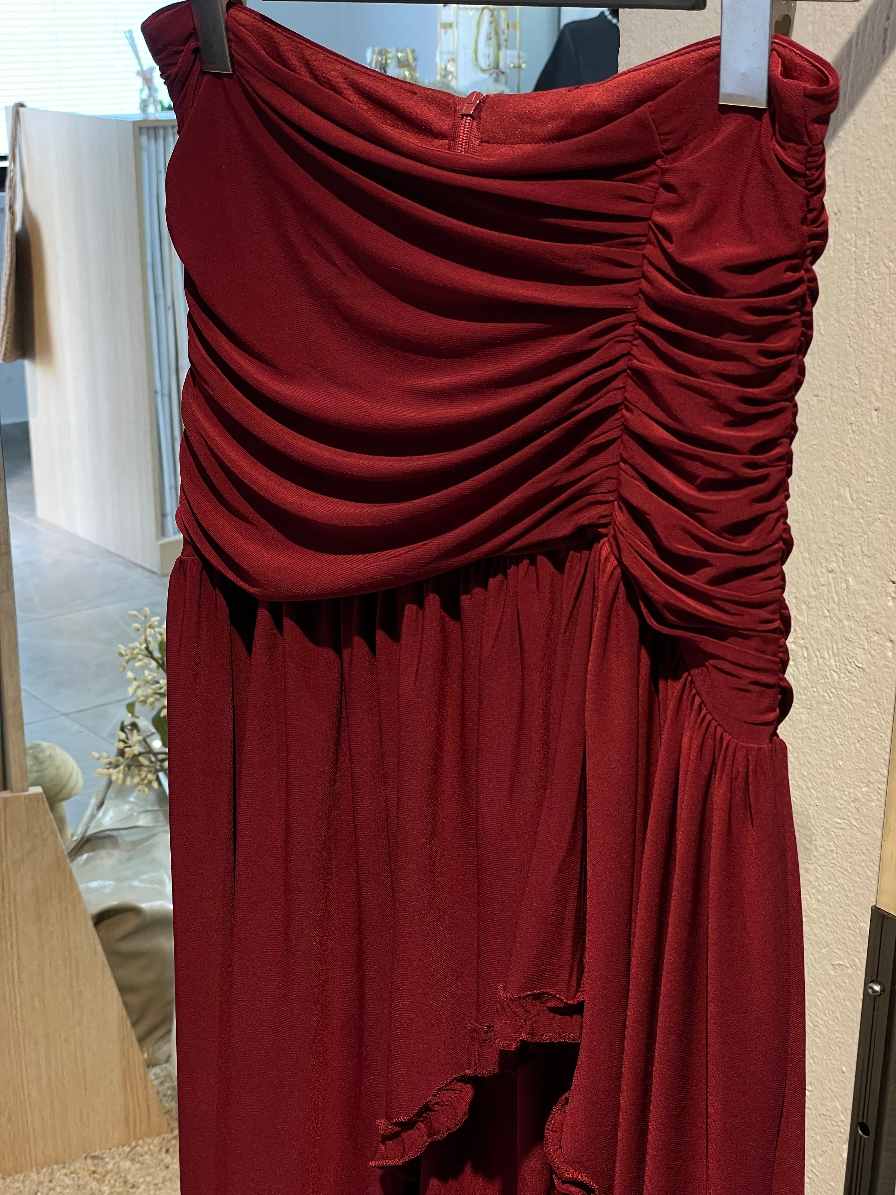 Bordo Yırtmaçlı Drapeli Etek